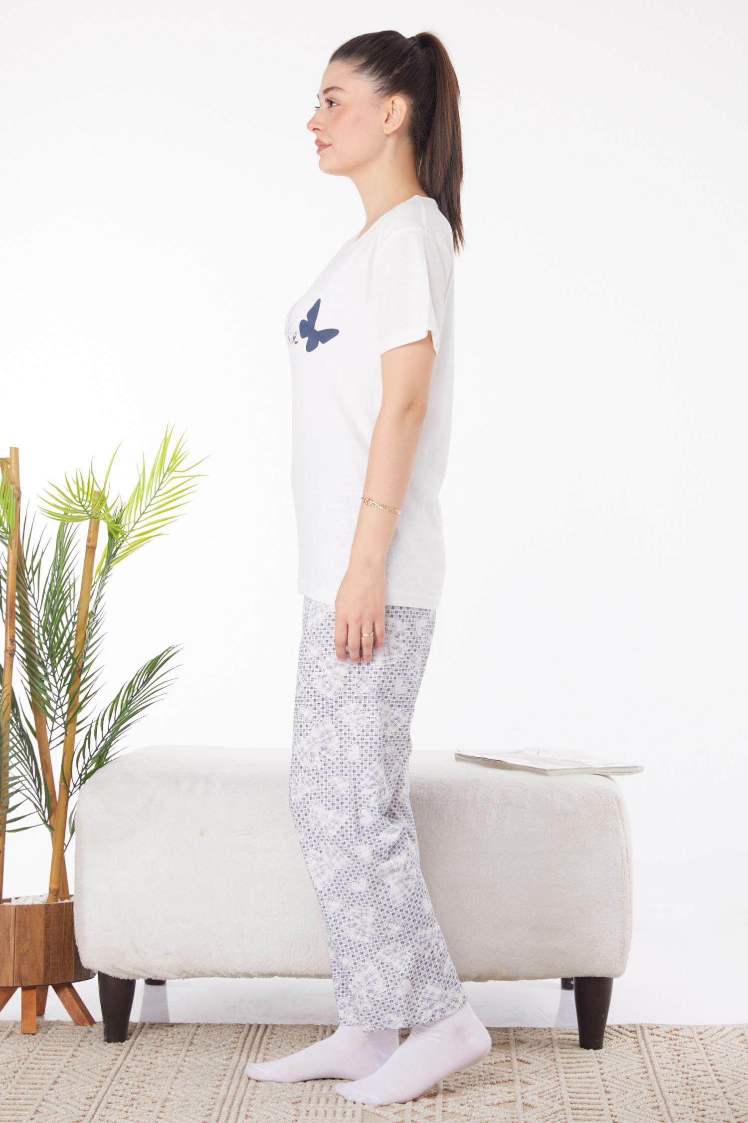 Düz Bisiklet Yaka Kadın Beyaz Baskılı Pijama Takımı - 25818 - 4