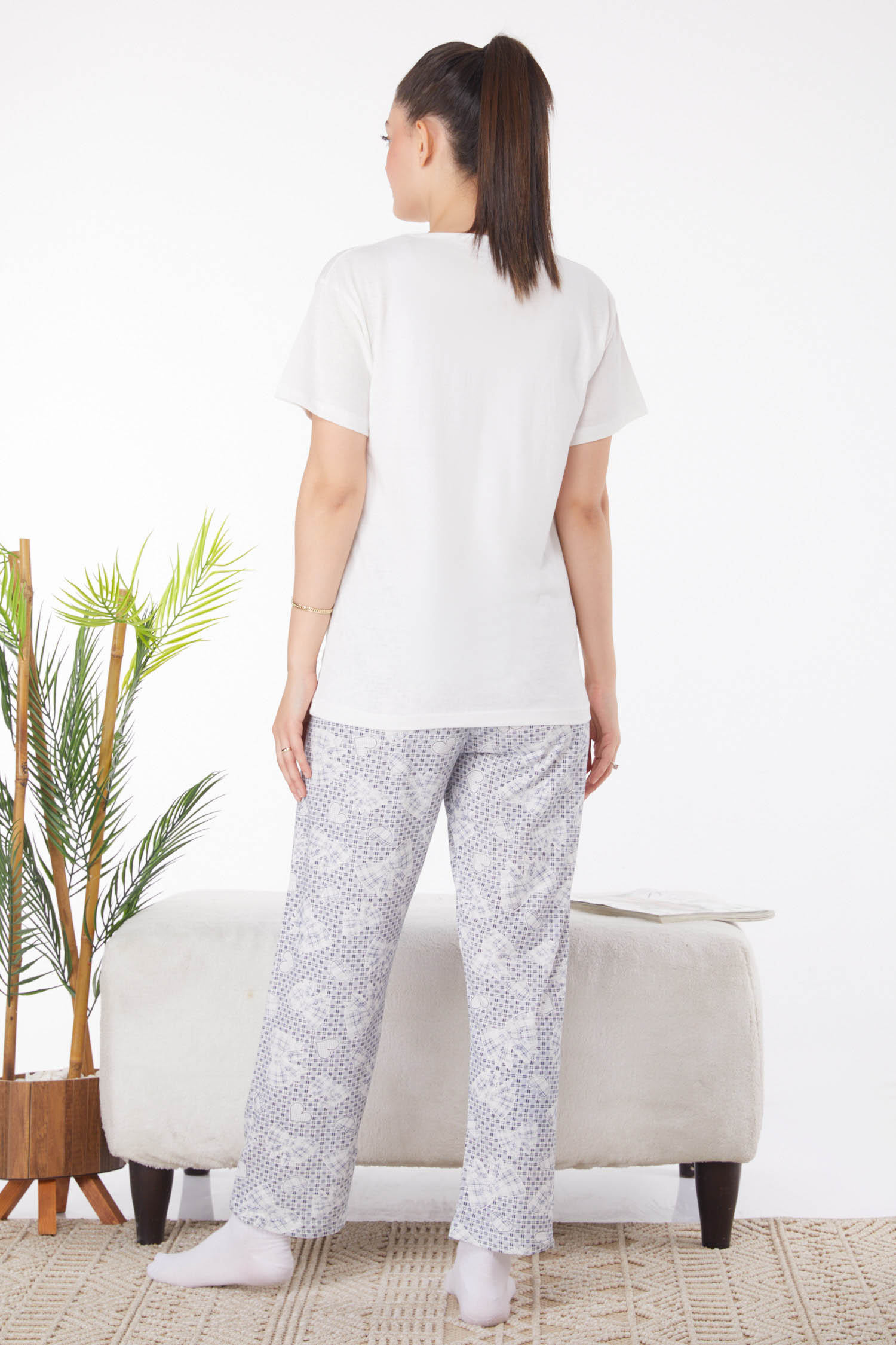 Düz Bisiklet Yaka Kadın Beyaz Baskılı Pijama Takımı - 25818 - 5