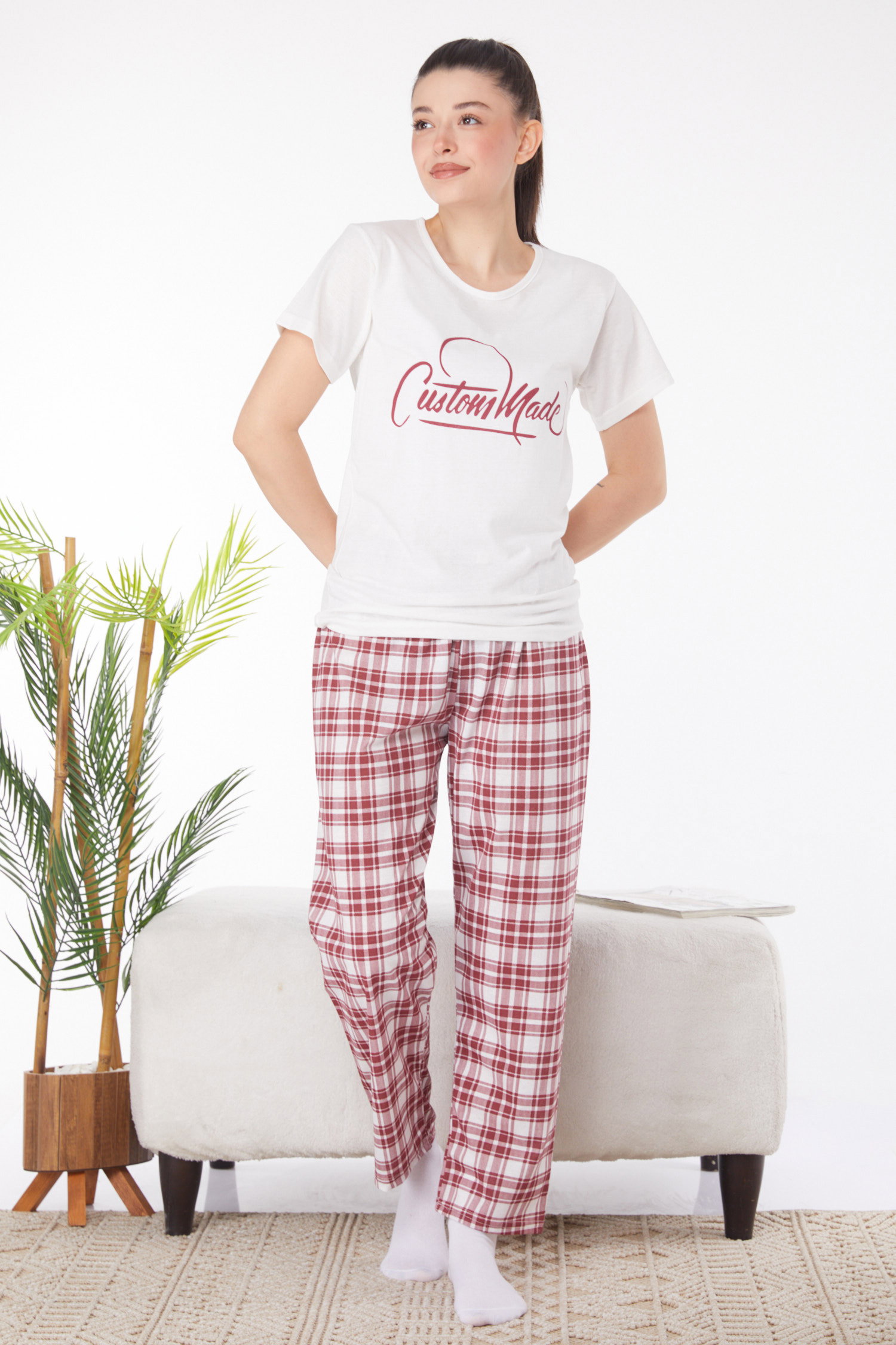 Düz Bisiklet Yaka Kadın Beyaz Baskılı Pijama Takımı - 25819 - 1