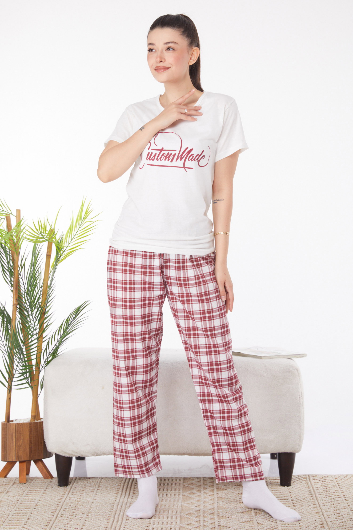 Düz Bisiklet Yaka Kadın Beyaz Baskılı Pijama Takımı - 25819 - 2