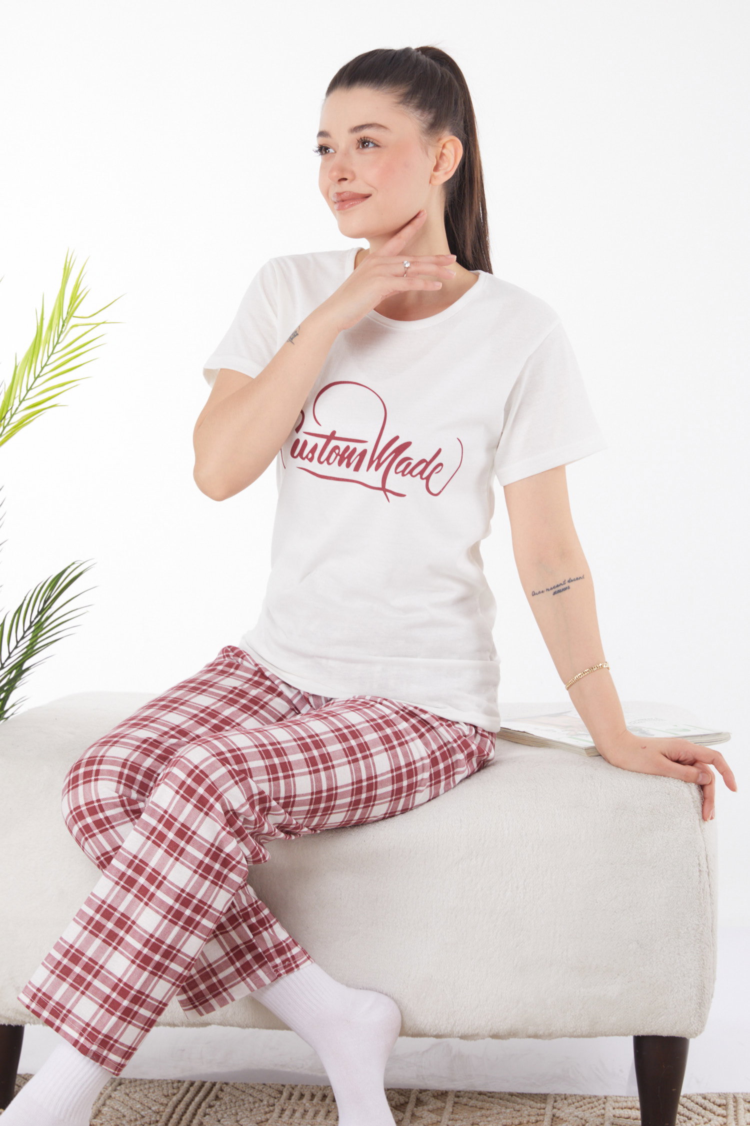 Düz Bisiklet Yaka Kadın Beyaz Baskılı Pijama Takımı - 25819 - 3
