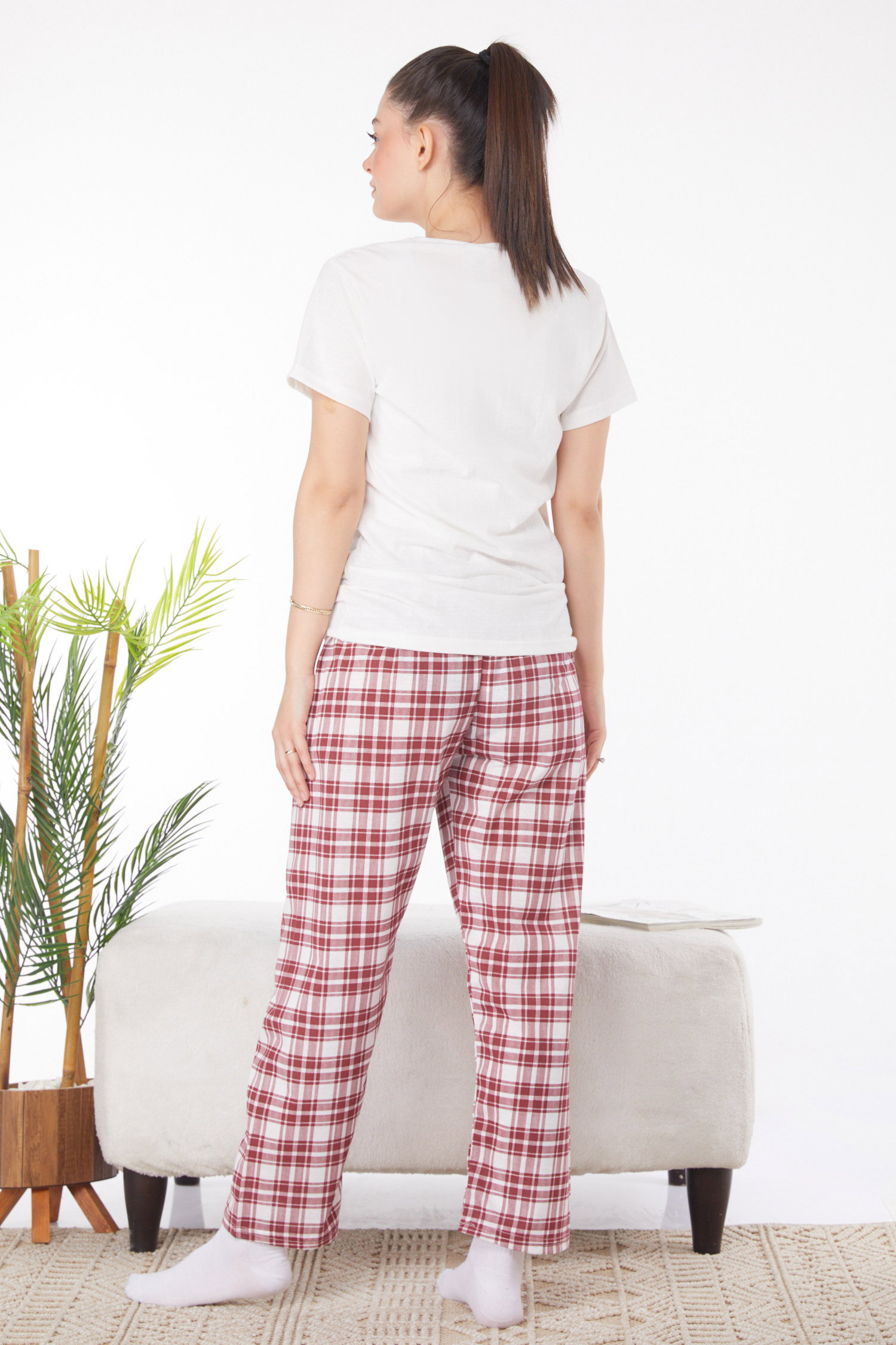Düz Bisiklet Yaka Kadın Beyaz Baskılı Pijama Takımı - 25819 - 5
