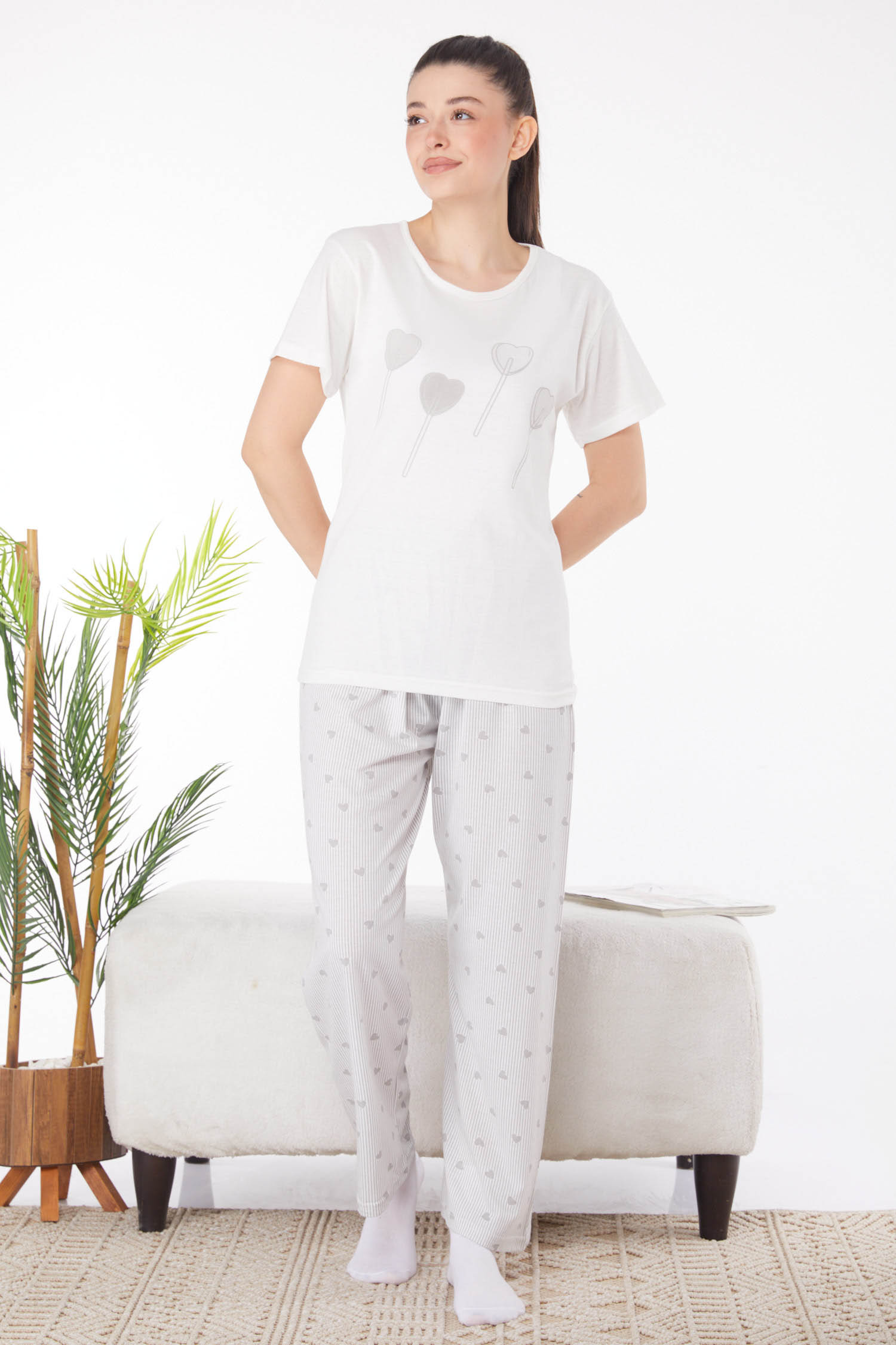Düz Bisiklet Yaka Kadın Beyaz Baskılı Pijama Takımı - 25821 - 2