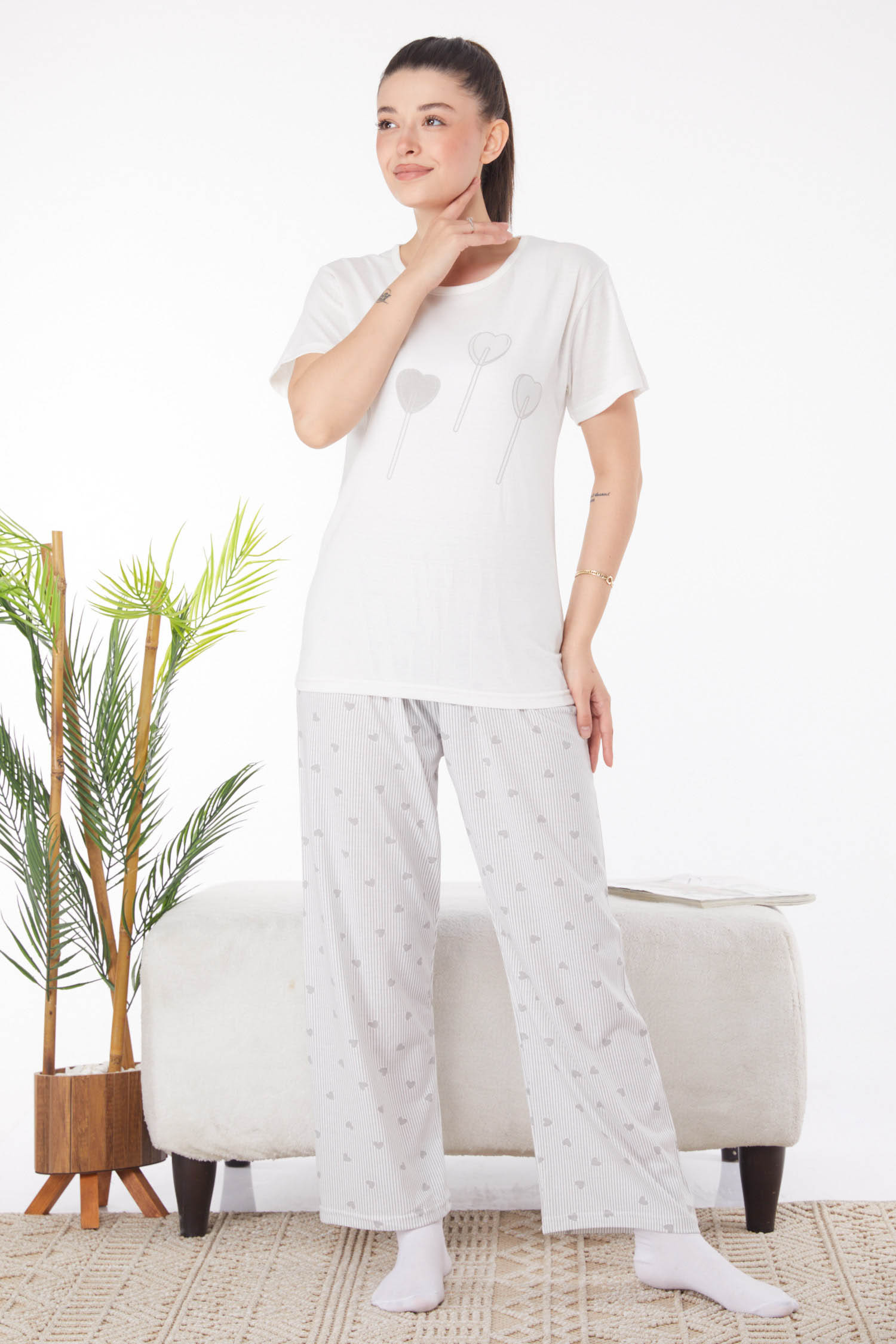 Düz Bisiklet Yaka Kadın Beyaz Baskılı Pijama Takımı - 25821 - 3