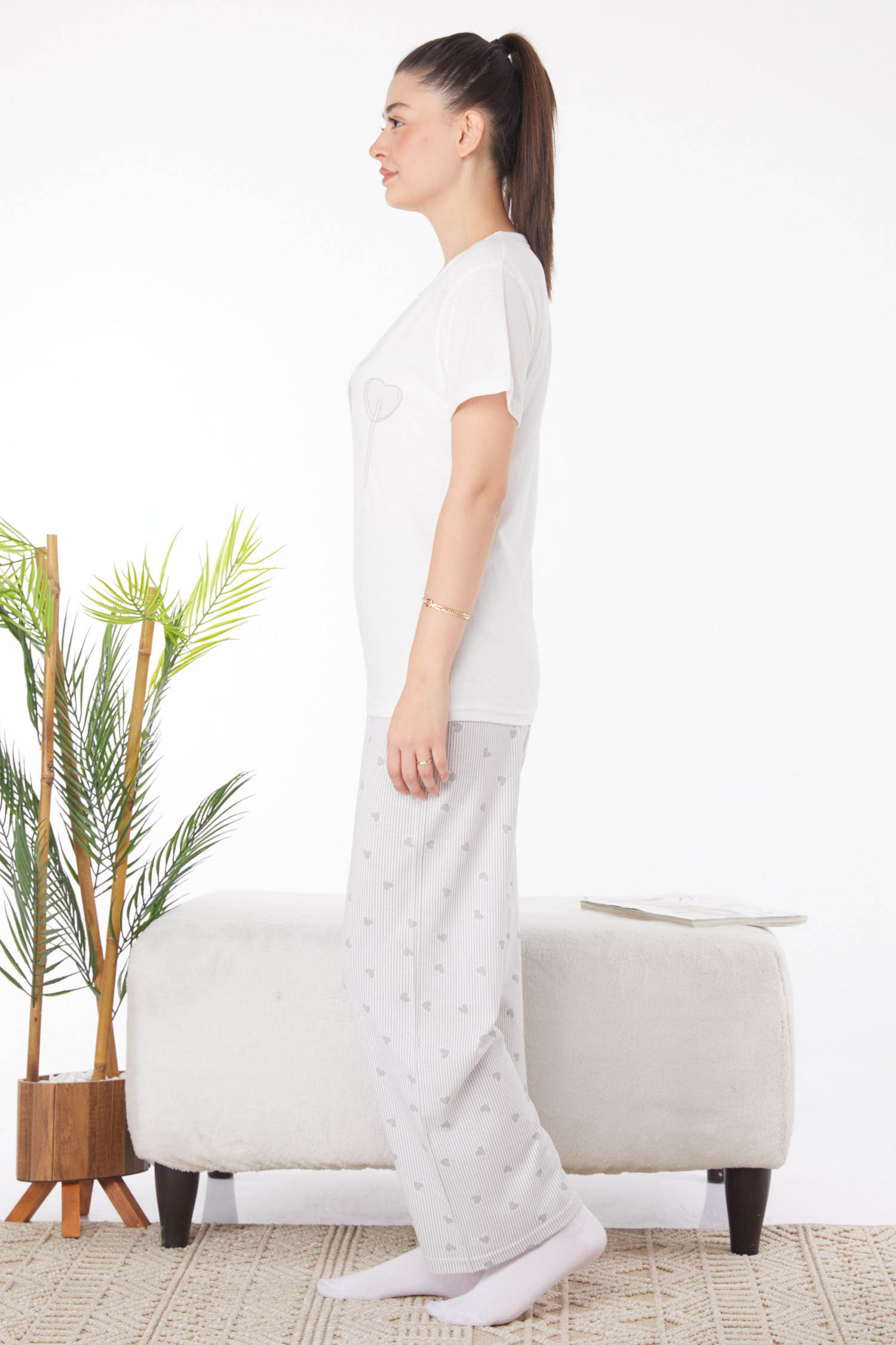 Düz Bisiklet Yaka Kadın Beyaz Baskılı Pijama Takımı - 25821 - 4