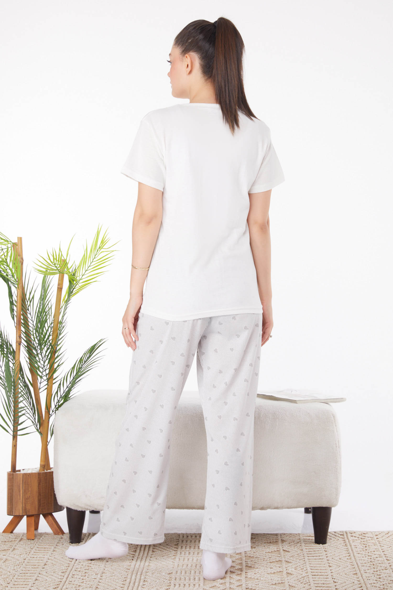 Düz Bisiklet Yaka Kadın Beyaz Baskılı Pijama Takımı - 25821 - 5