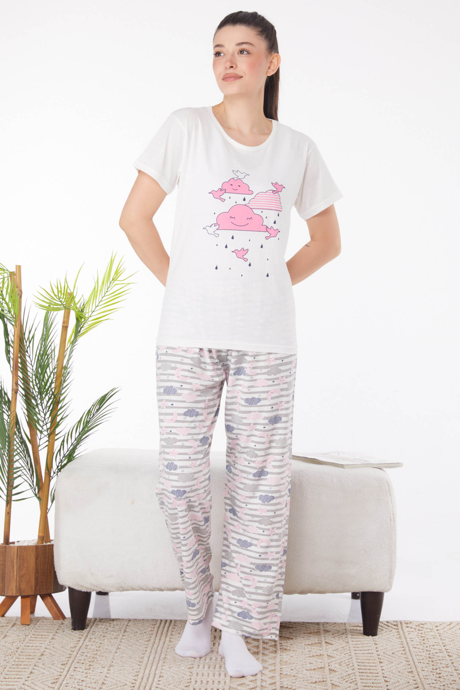 Düz Bisiklet Yaka Kadın Beyaz Baskılı Pijama Takımı - 25823 - 1
