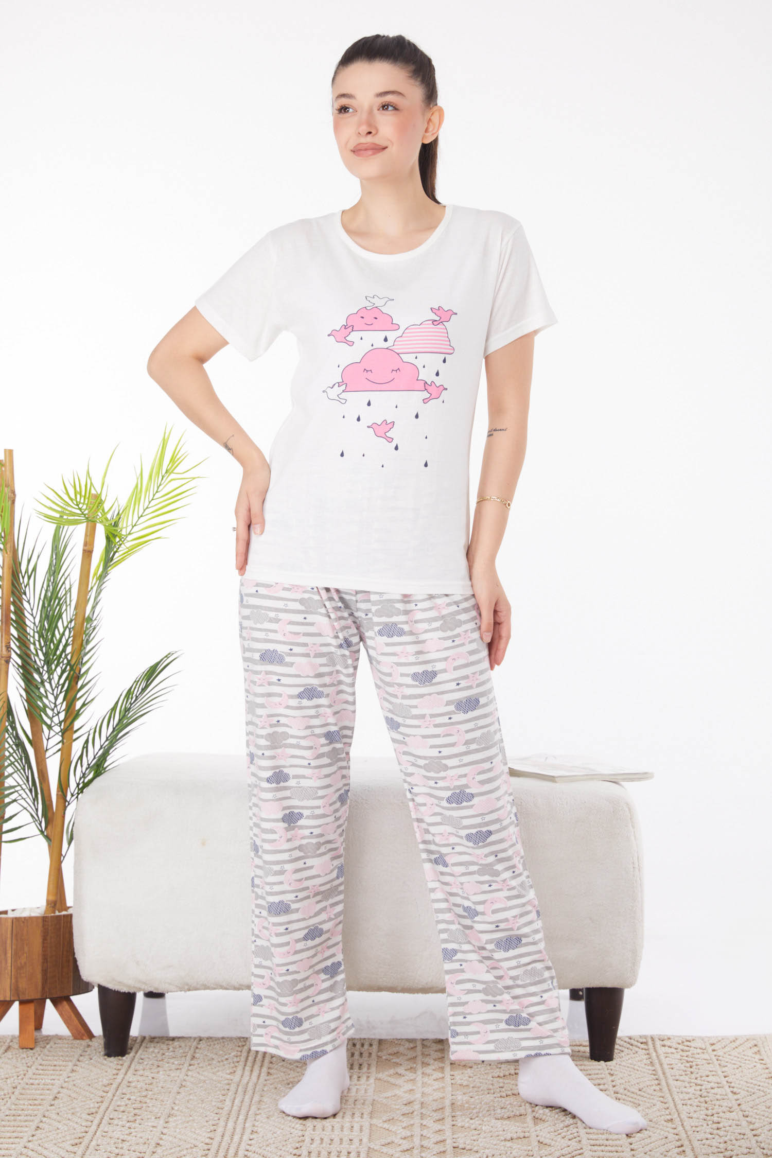 Düz Bisiklet Yaka Kadın Beyaz Baskılı Pijama Takımı - 25823 - 2