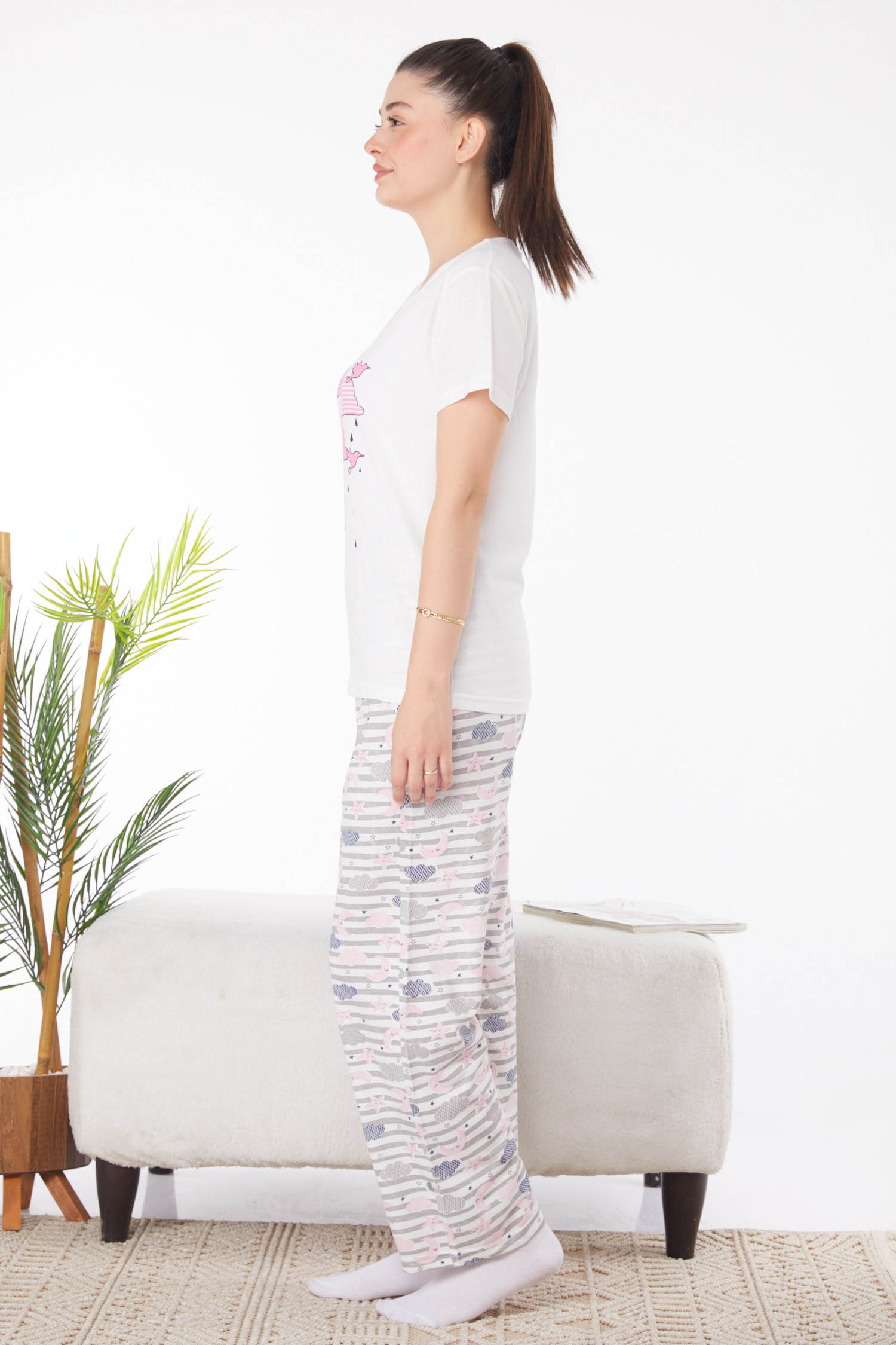 Düz Bisiklet Yaka Kadın Beyaz Baskılı Pijama Takımı - 25823 - 4