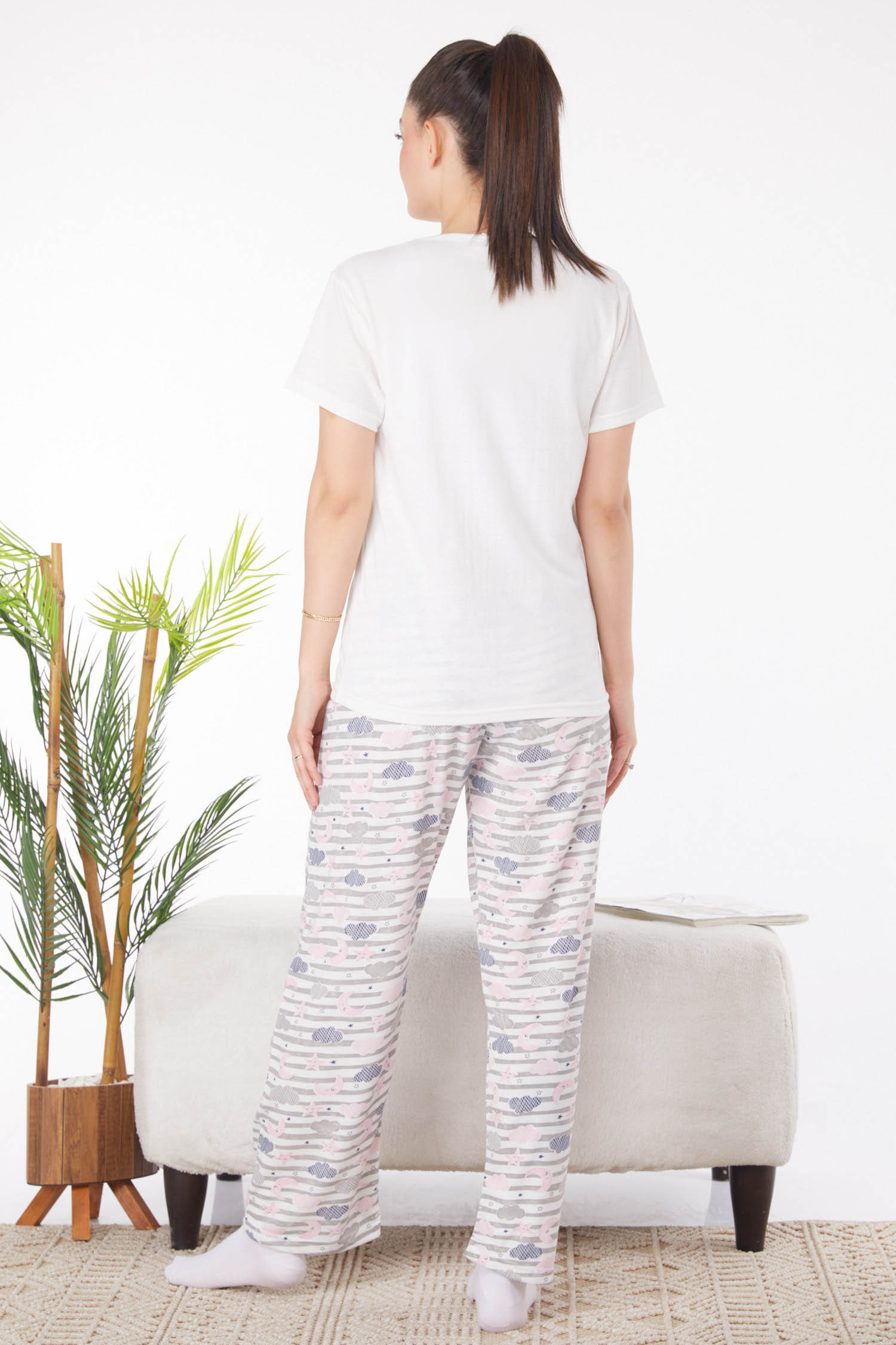 Düz Bisiklet Yaka Kadın Beyaz Baskılı Pijama Takımı - 25823 - 5