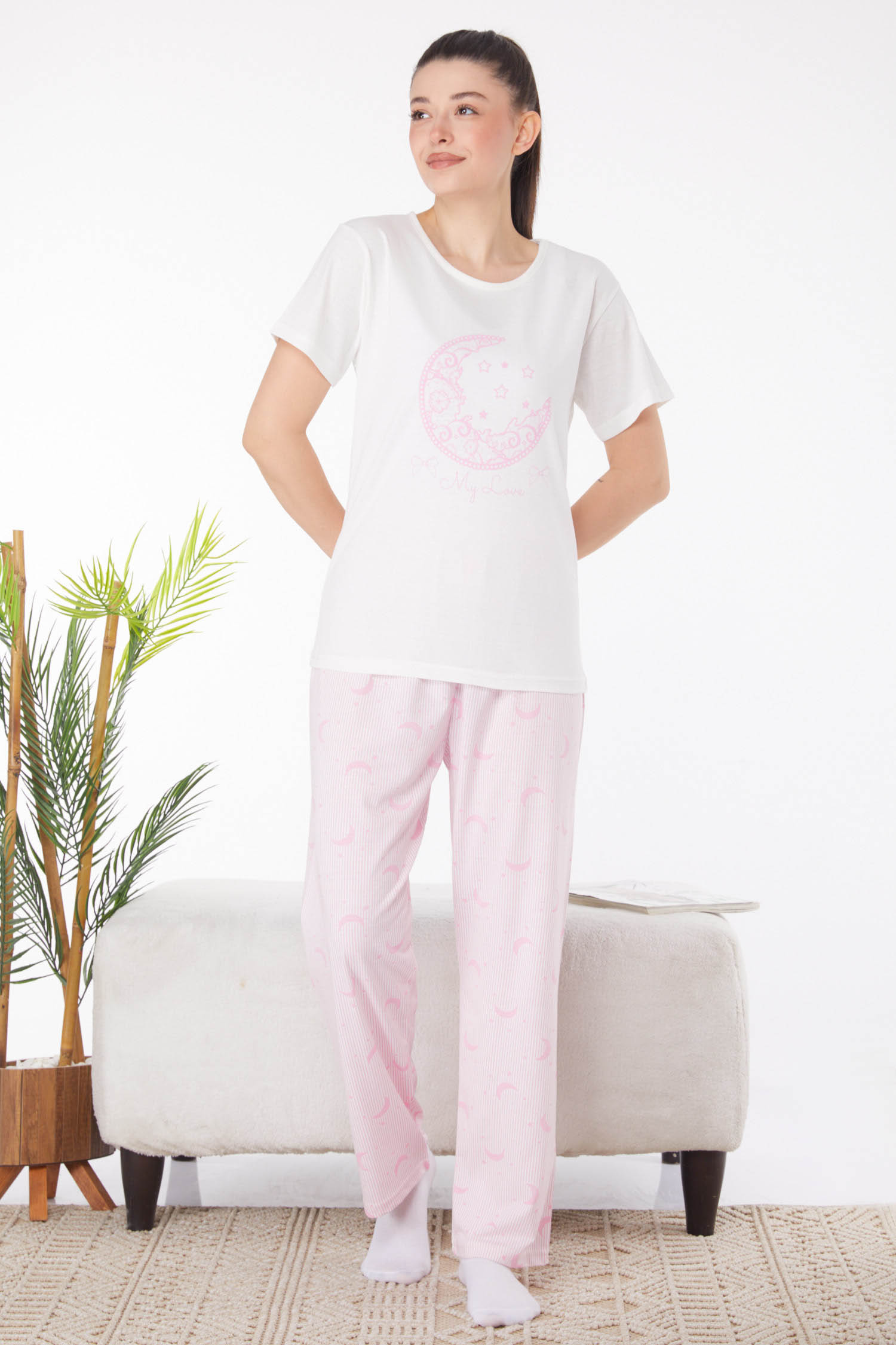 Düz Bisiklet Yaka Kadın Beyaz Baskılı Pijama Takımı - 25824 - 2