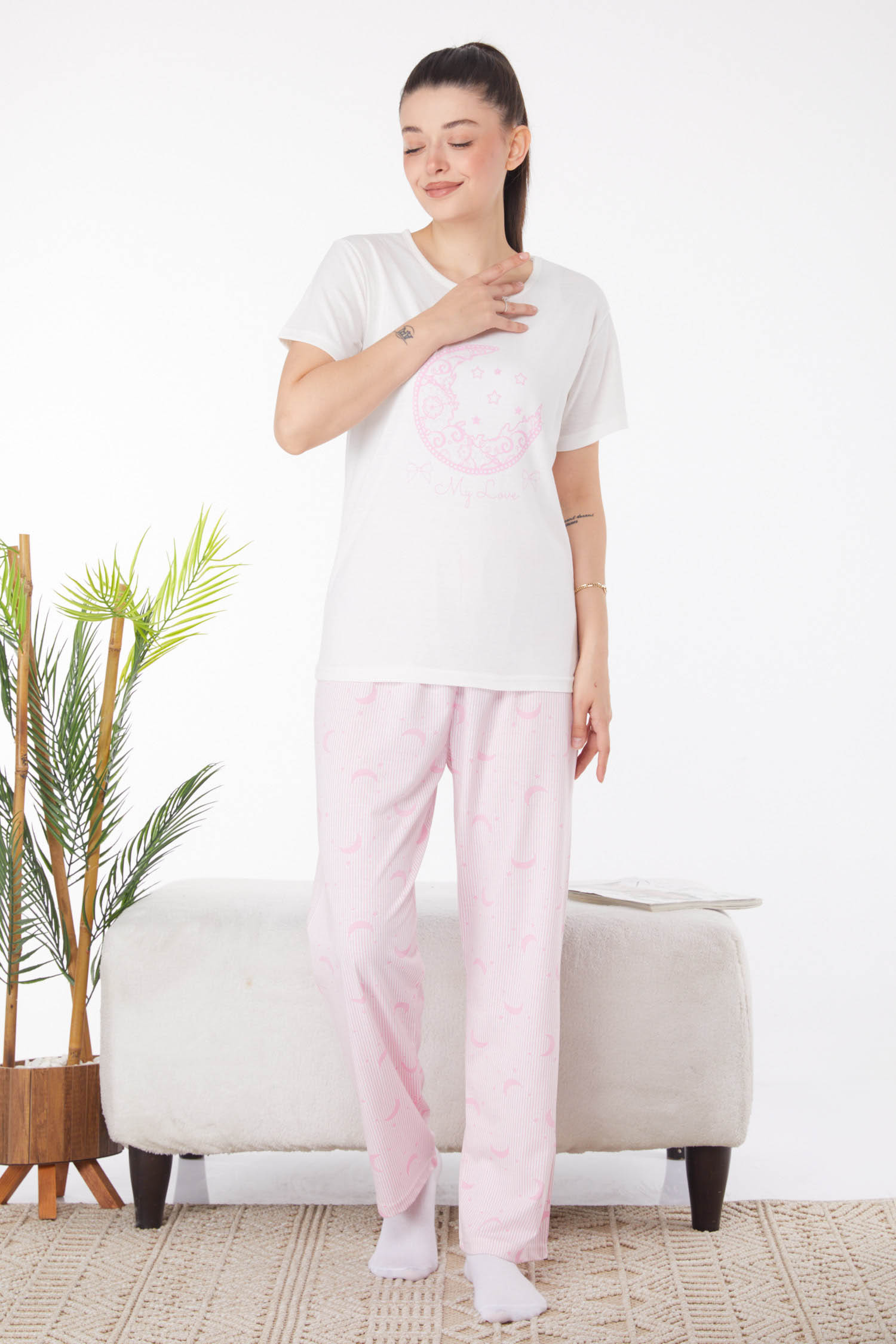 Düz Bisiklet Yaka Kadın Beyaz Baskılı Pijama Takımı - 25824 - 3
