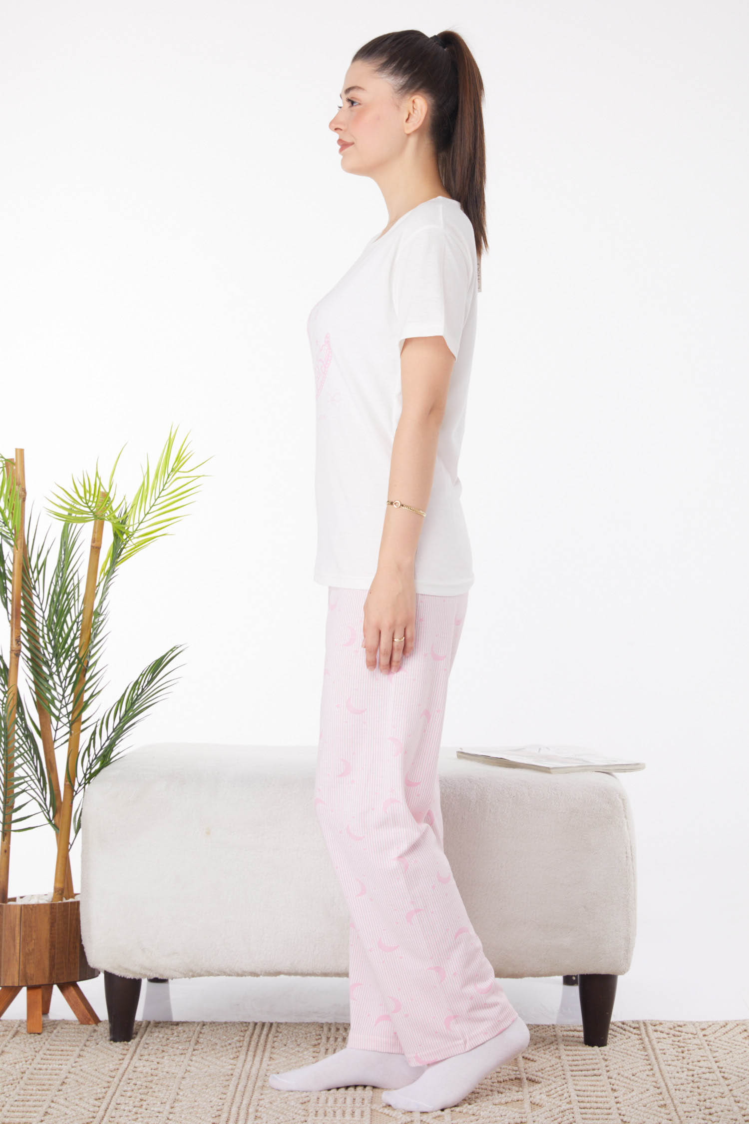 Düz Bisiklet Yaka Kadın Beyaz Baskılı Pijama Takımı - 25824 - 4
