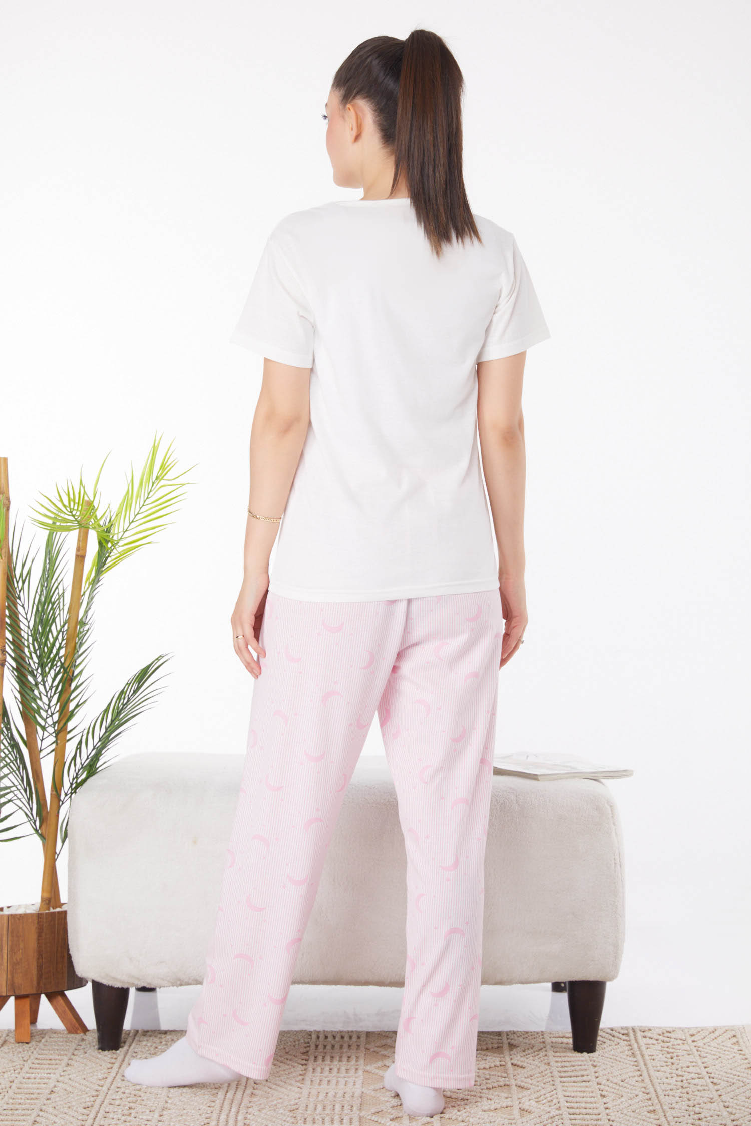 Düz Bisiklet Yaka Kadın Beyaz Baskılı Pijama Takımı - 25824 - 5