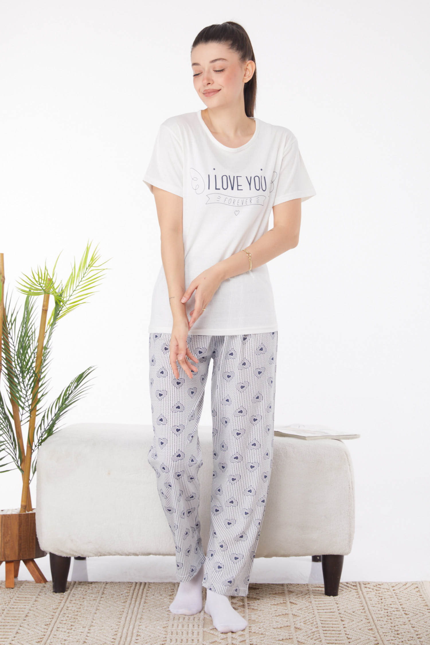 Düz Bisiklet Yaka Kadın Beyaz Baskılı Pijama Takımı - 25825 - 1