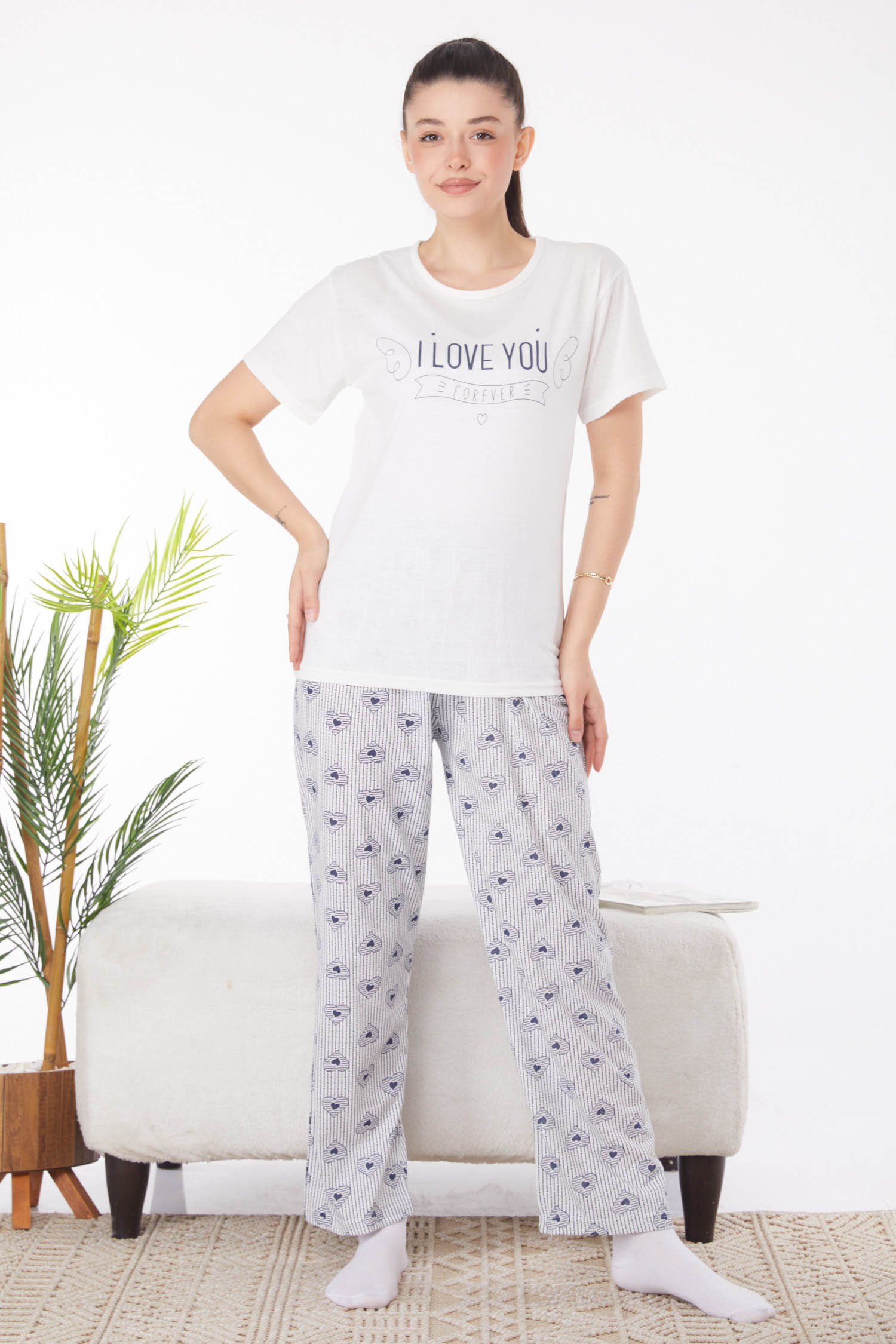 Düz Bisiklet Yaka Kadın Beyaz Baskılı Pijama Takımı - 25825 - 2