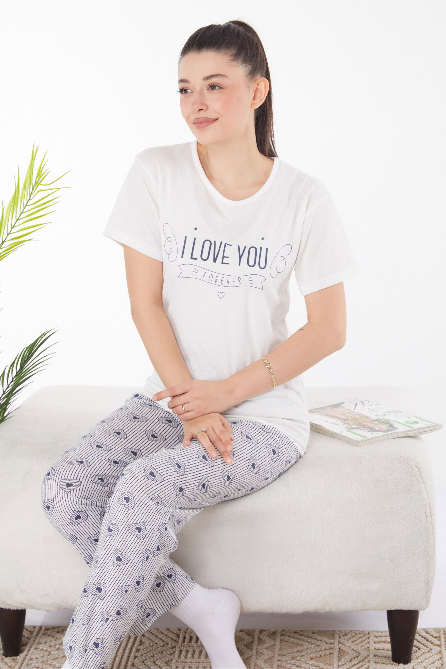 Düz Bisiklet Yaka Kadın Beyaz Baskılı Pijama Takımı - 25825 - 3