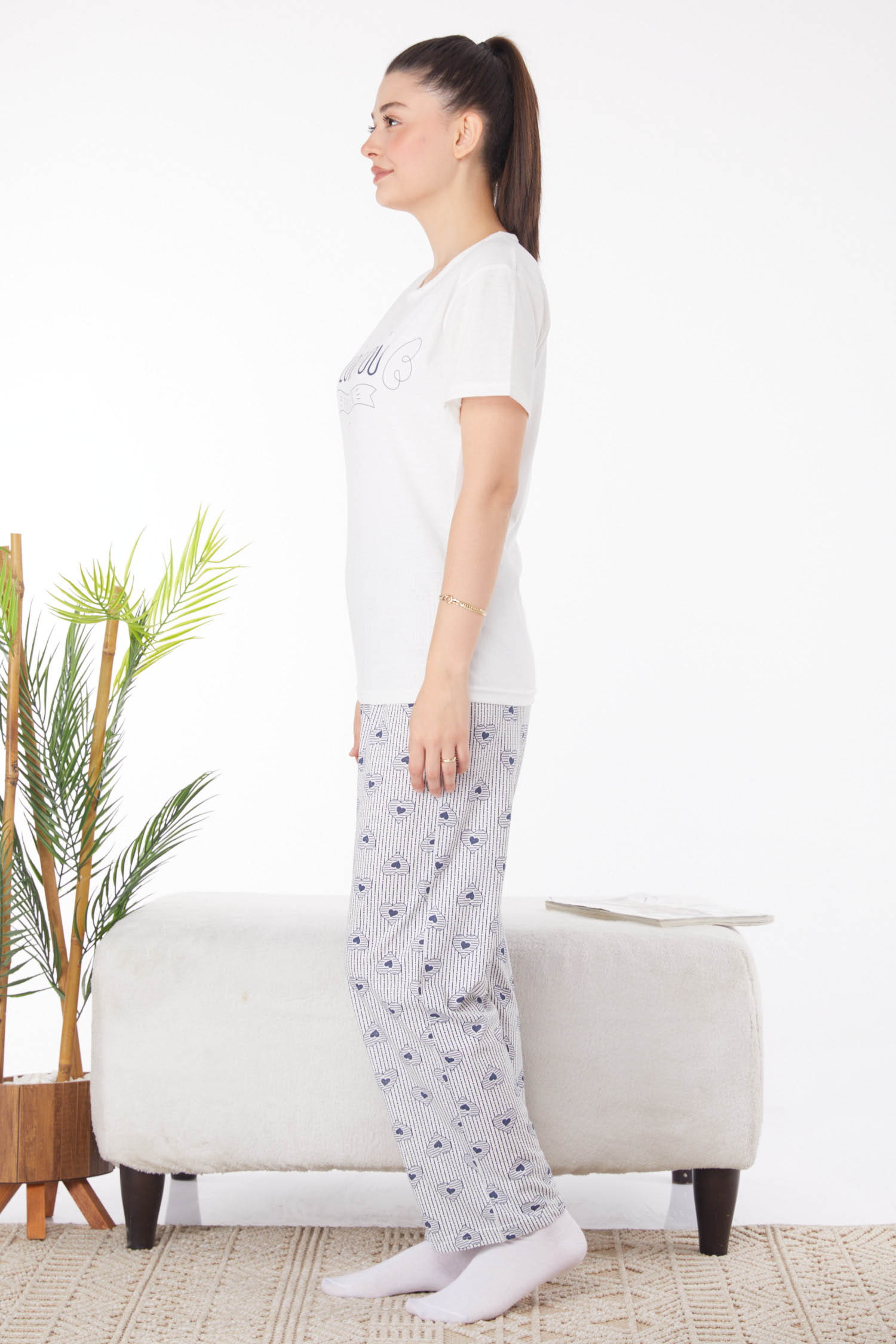 Düz Bisiklet Yaka Kadın Beyaz Baskılı Pijama Takımı - 25825 - 4
