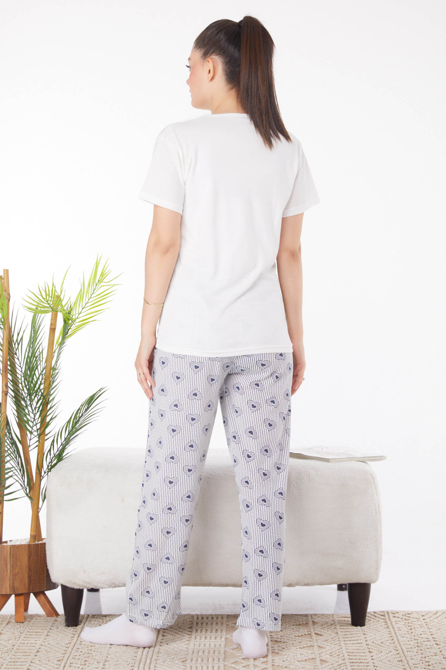 Düz Bisiklet Yaka Kadın Beyaz Baskılı Pijama Takımı - 25825 - 5