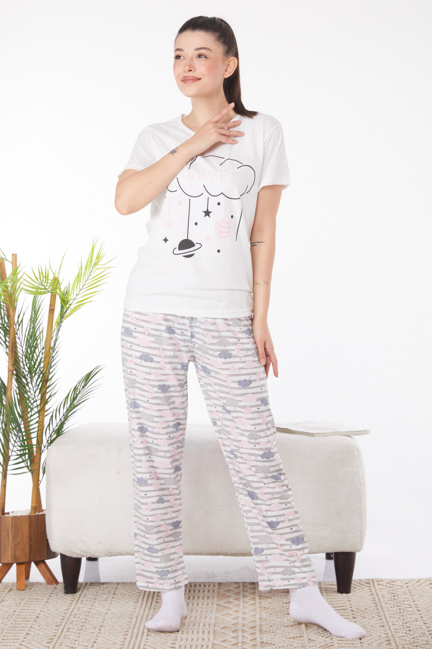 Düz Bisiklet Yaka Kadın Beyaz Baskılı Pijama Takımı - 25827 - 2