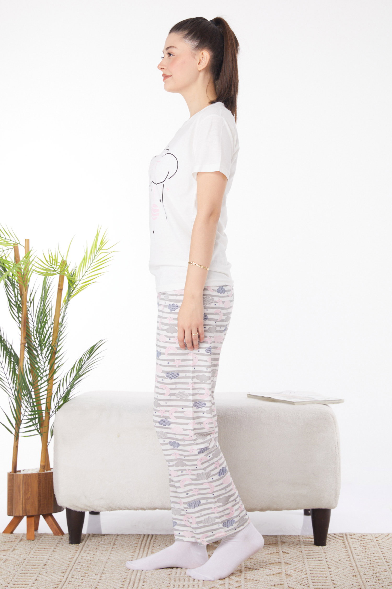 Düz Bisiklet Yaka Kadın Beyaz Baskılı Pijama Takımı - 25827 - 4