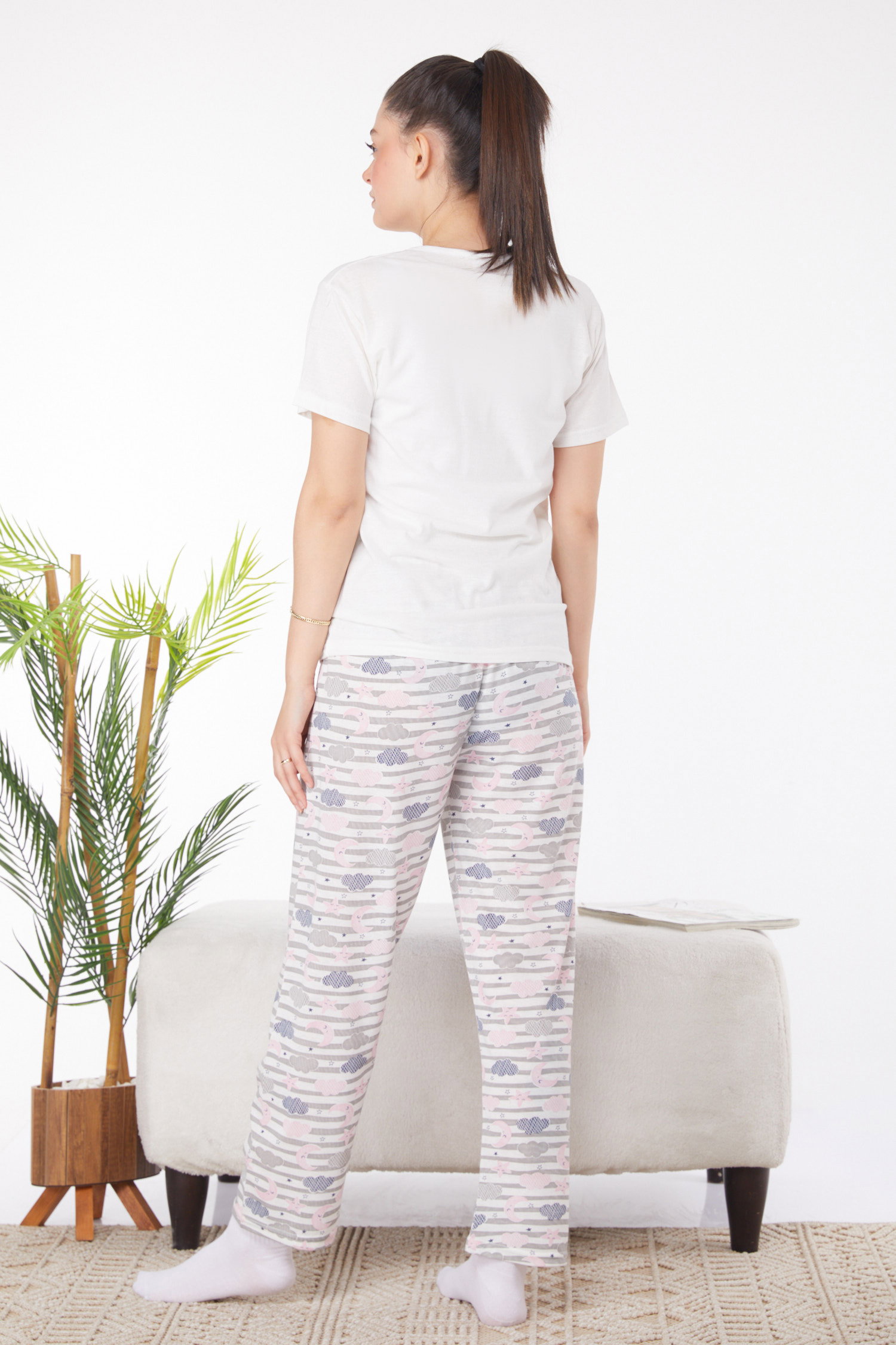 Düz Bisiklet Yaka Kadın Beyaz Baskılı Pijama Takımı - 25827 - 5