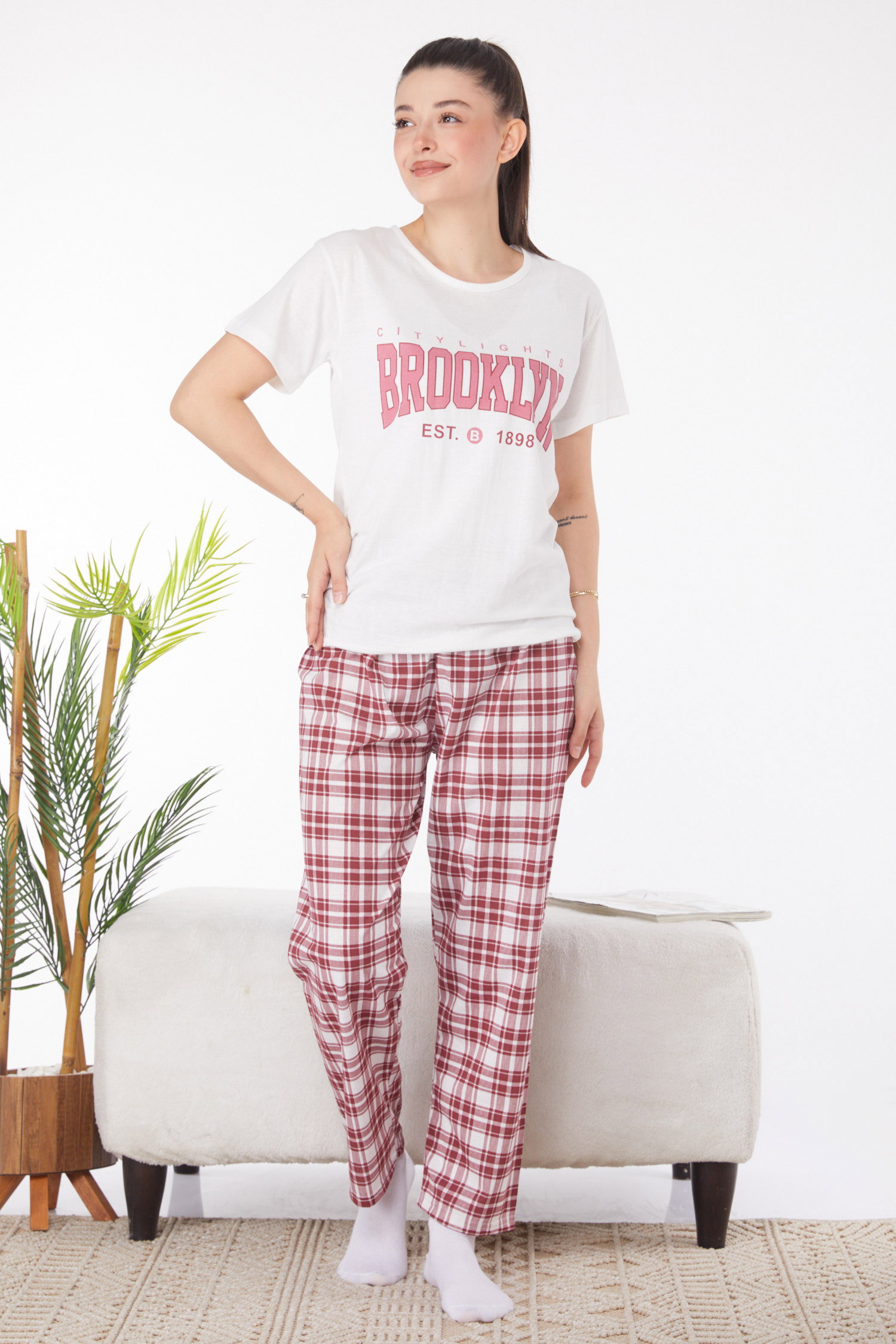 Düz Bisiklet Yaka Kadın Beyaz Baskılı Pijama Takımı - 25828 - 1