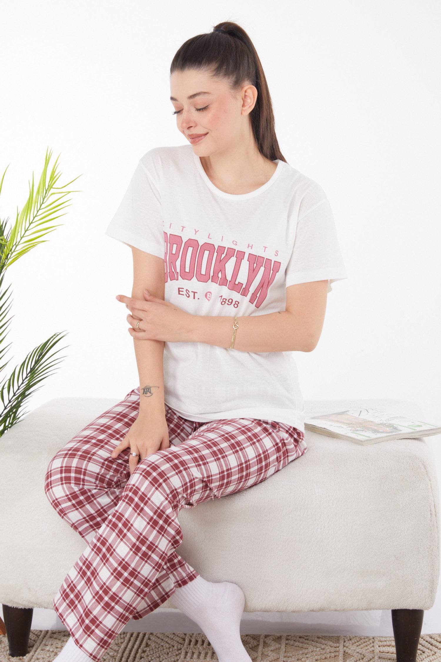Düz Bisiklet Yaka Kadın Beyaz Baskılı Pijama Takımı - 25828 - 2