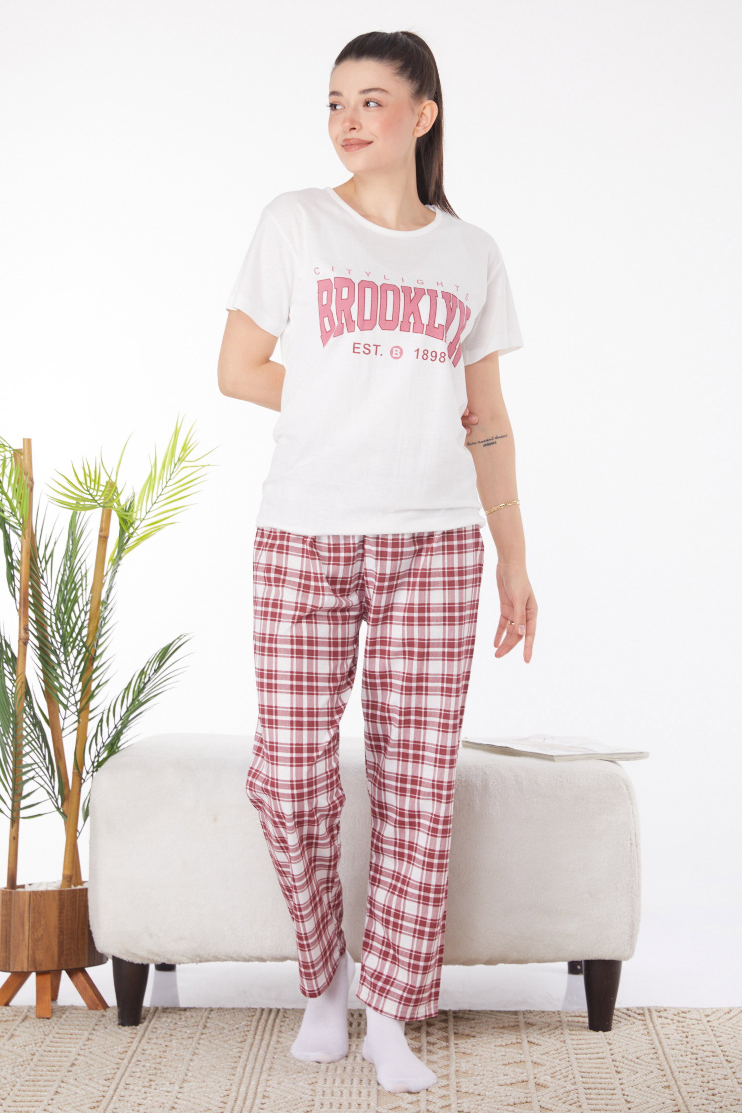 Düz Bisiklet Yaka Kadın Beyaz Baskılı Pijama Takımı - 25828 - 3