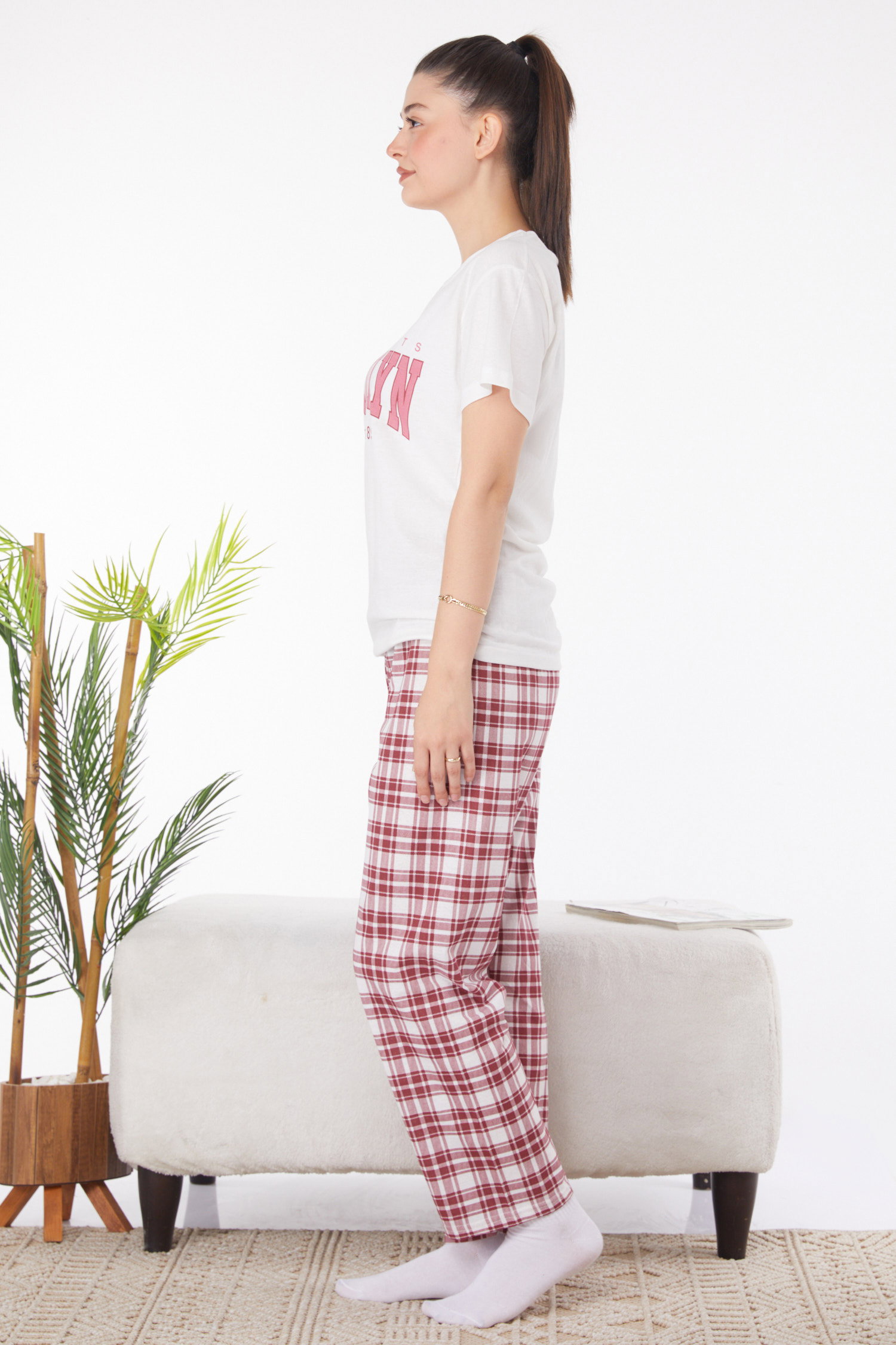 Düz Bisiklet Yaka Kadın Beyaz Baskılı Pijama Takımı - 25828 - 4