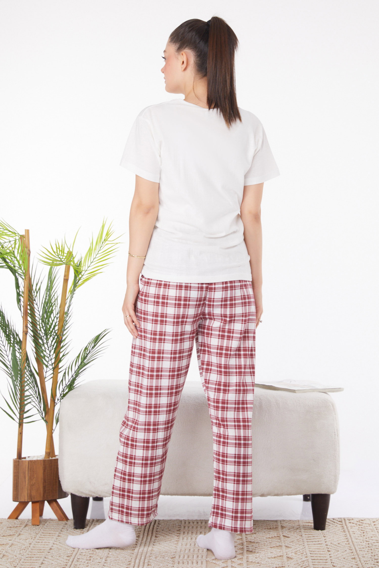 Düz Bisiklet Yaka Kadın Beyaz Baskılı Pijama Takımı - 25828 - 5