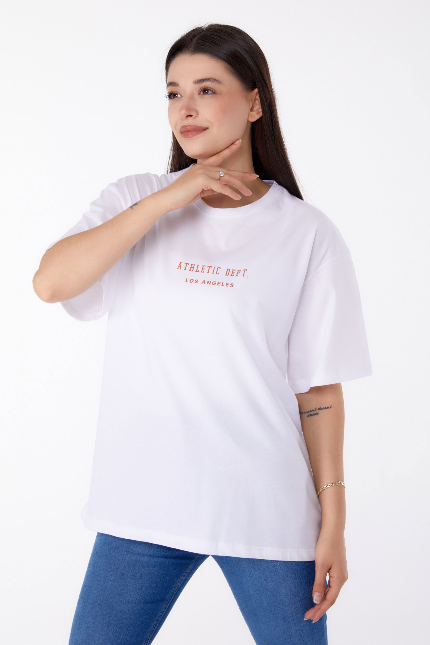 Düz Bisiklet Yaka Kadın Beyaz Baskılı T-shirt - 25693 - 1