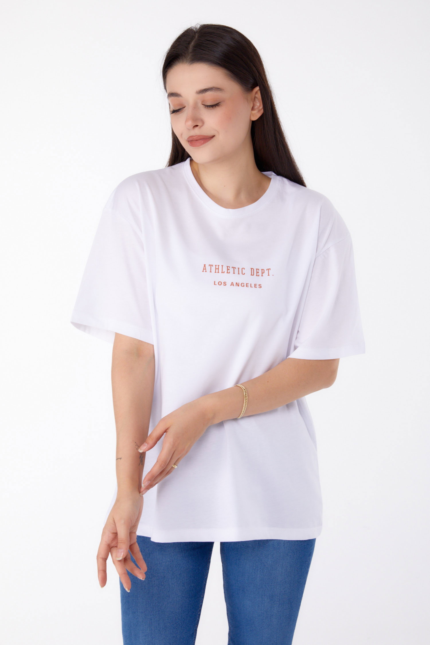 Düz Bisiklet Yaka Kadın Beyaz Baskılı T-shirt - 25693 - 2
