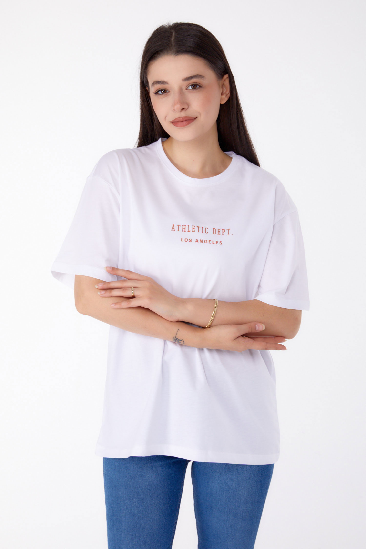 Düz Bisiklet Yaka Kadın Beyaz Baskılı T-shirt - 25693 - 3