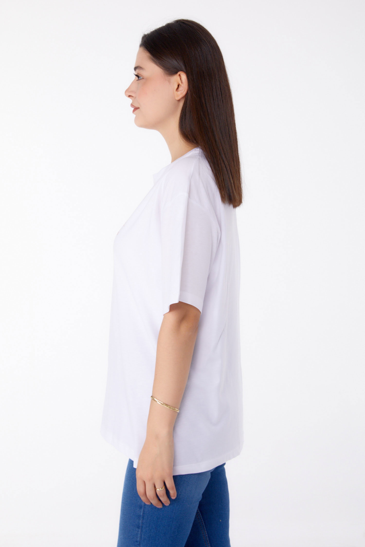 Düz Bisiklet Yaka Kadın Beyaz Baskılı T-shirt - 25693 - 4