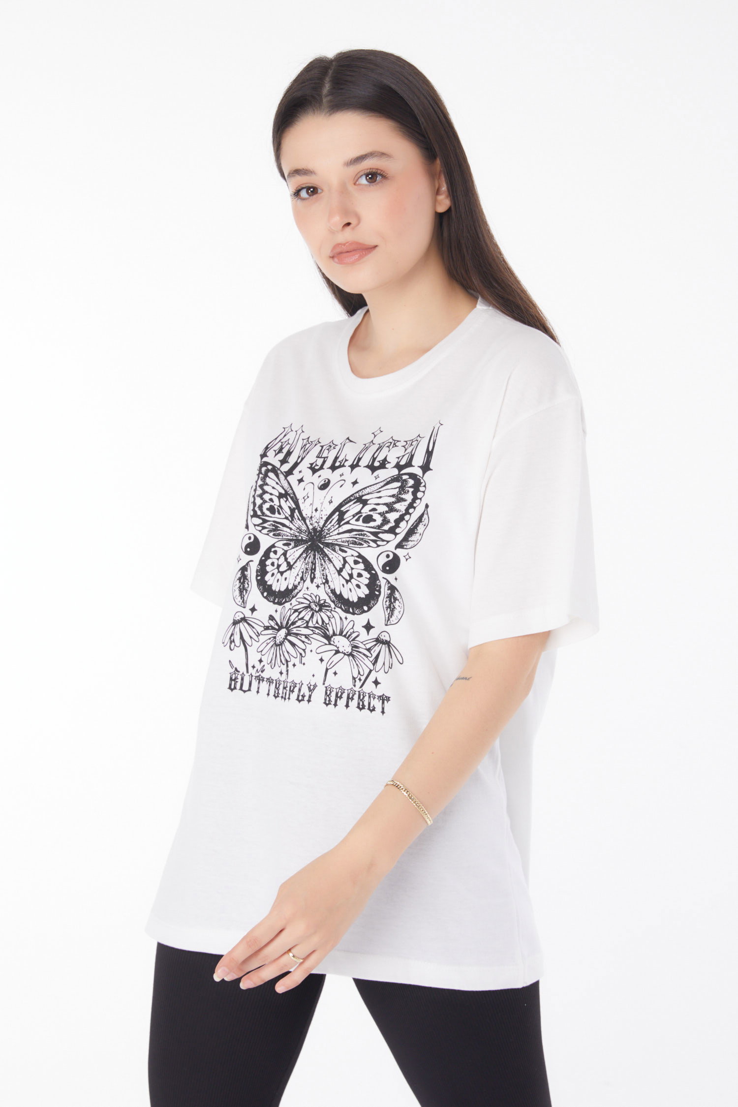 Düz Bisiklet Yaka Kadın Beyaz Baskılı T-shirt - 25695 - 1