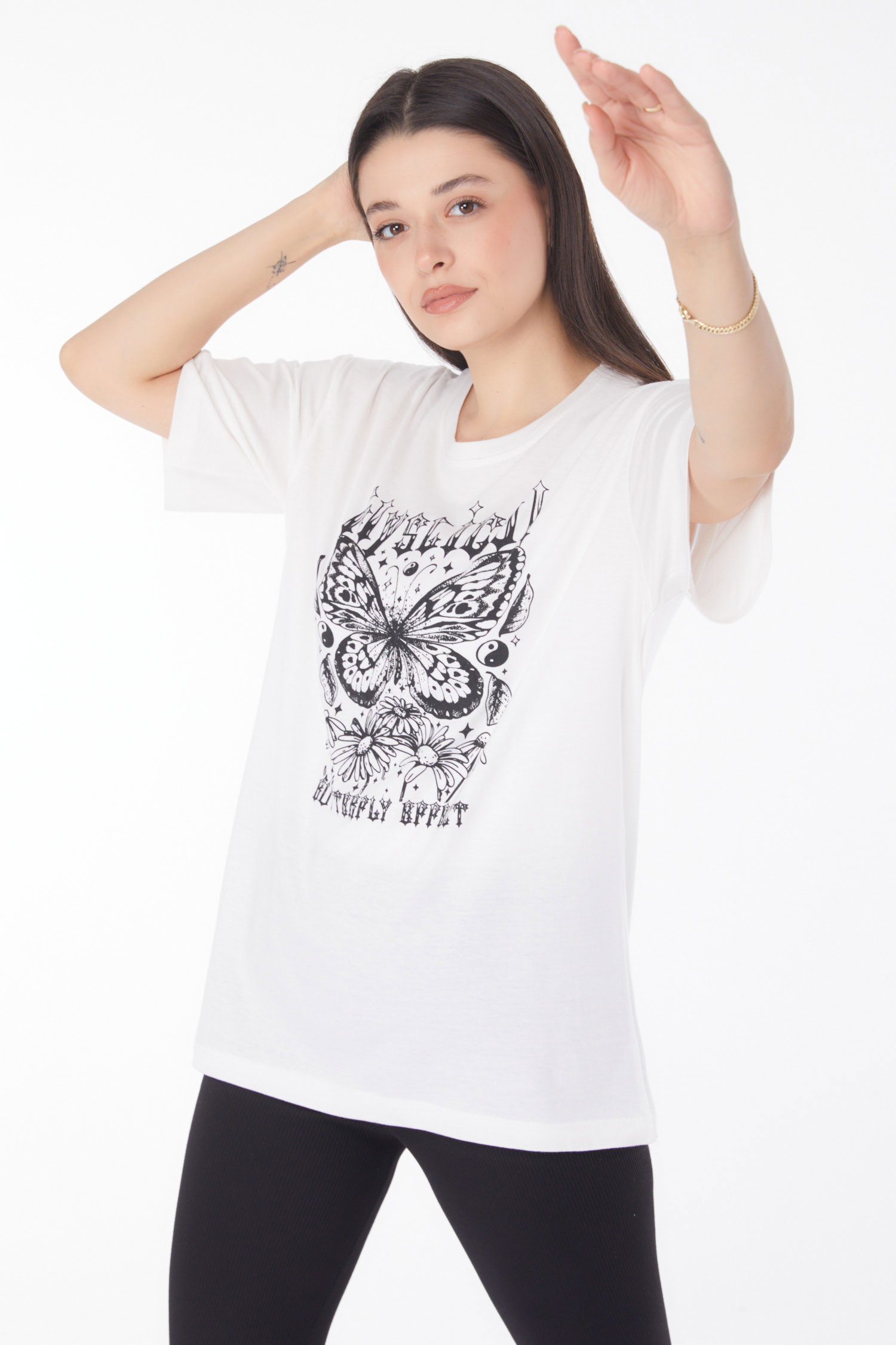 Düz Bisiklet Yaka Kadın Beyaz Baskılı T-shirt - 25695 - 3