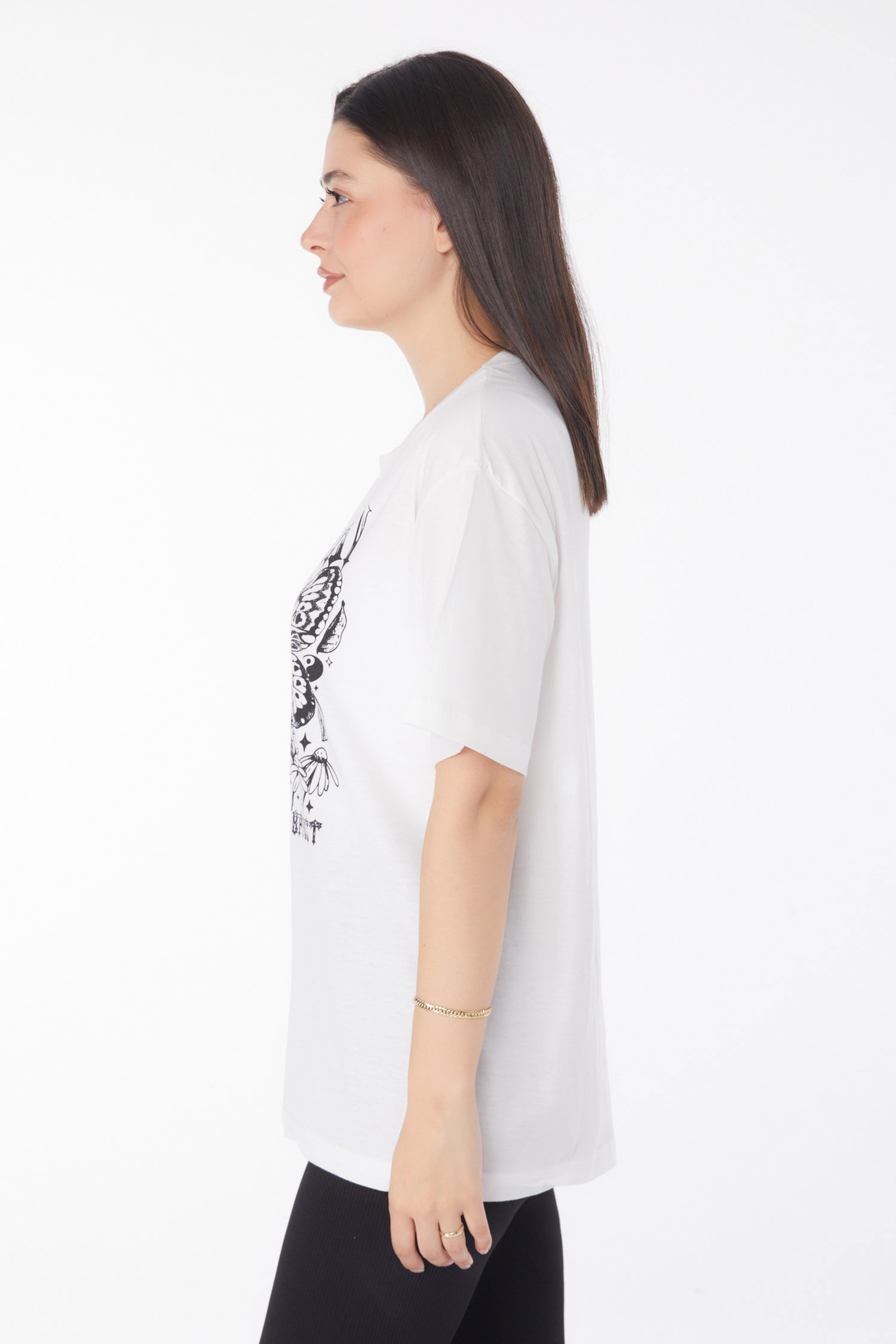 Düz Bisiklet Yaka Kadın Beyaz Baskılı T-shirt - 25695 - 4