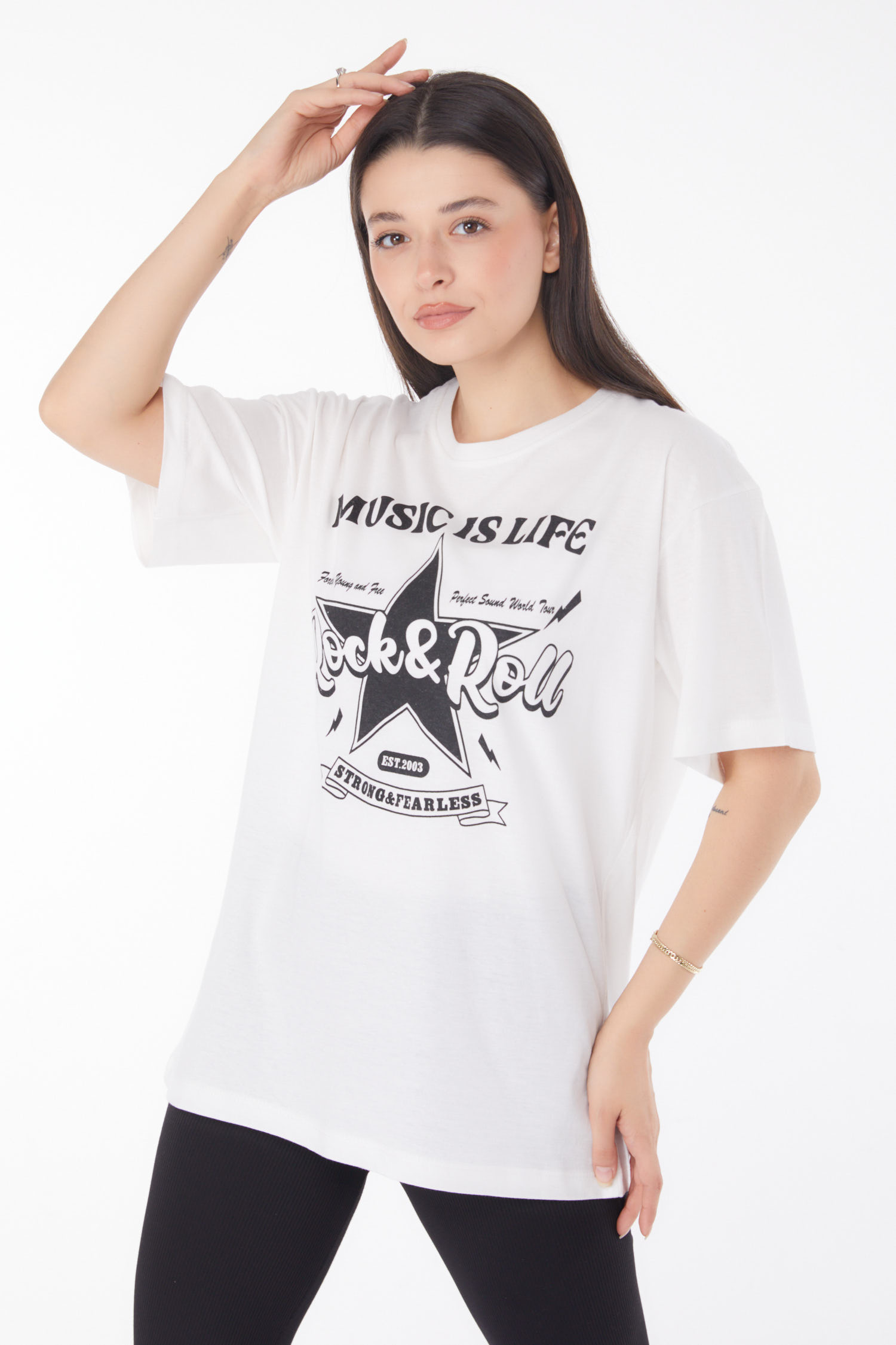 Düz Bisiklet Yaka Kadın Beyaz Baskılı T-shirt - 25700 - 1