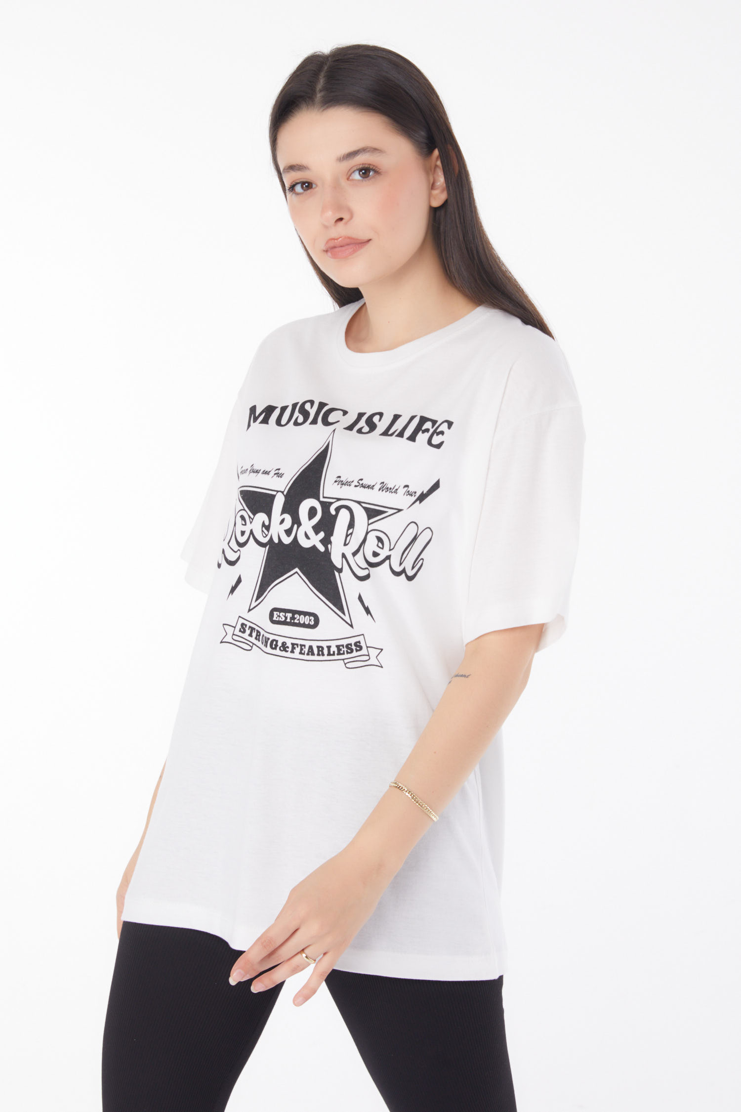 Düz Bisiklet Yaka Kadın Beyaz Baskılı T-shirt - 25700 - 3