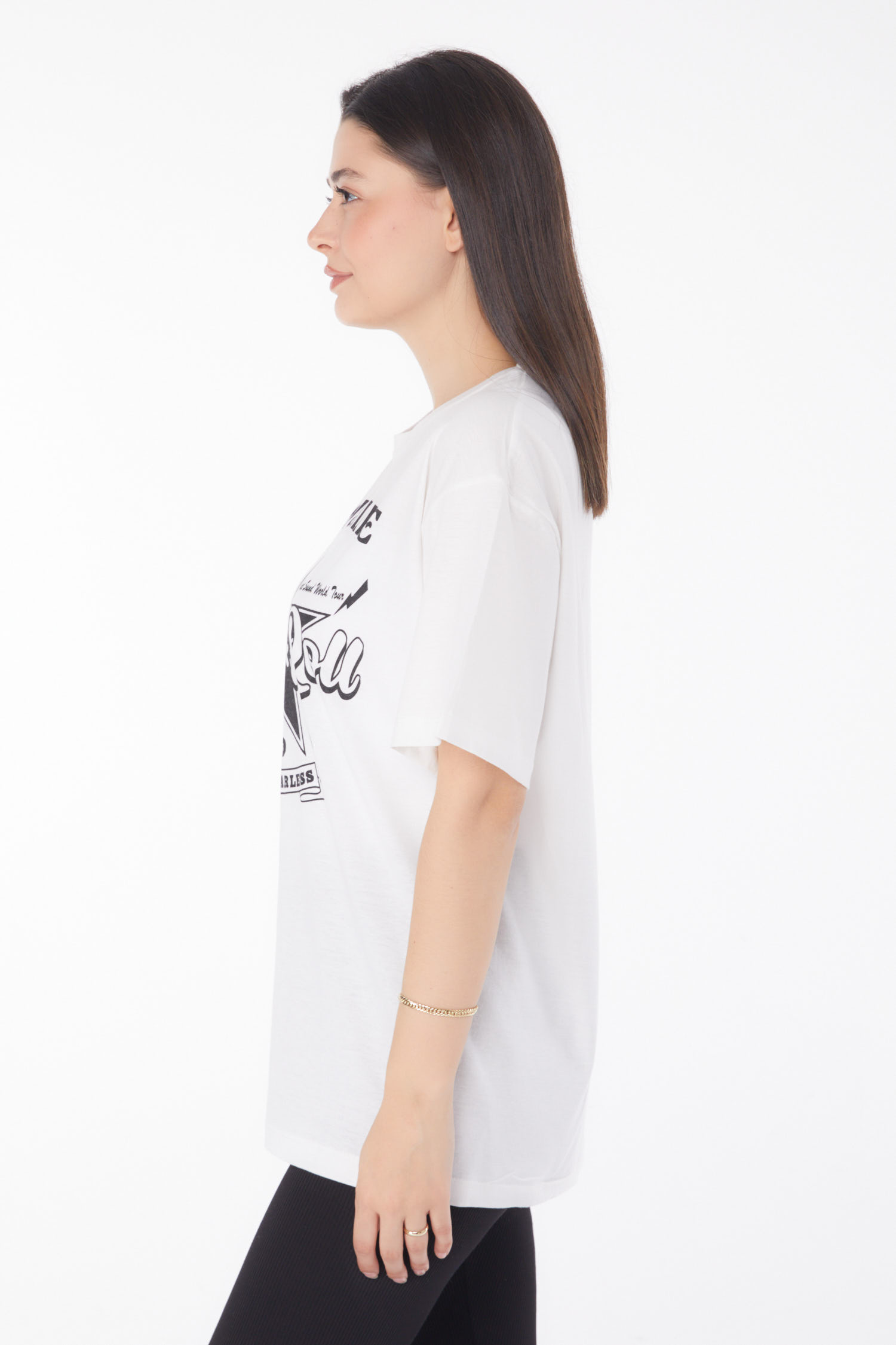 Düz Bisiklet Yaka Kadın Beyaz Baskılı T-shirt - 25700 - 4