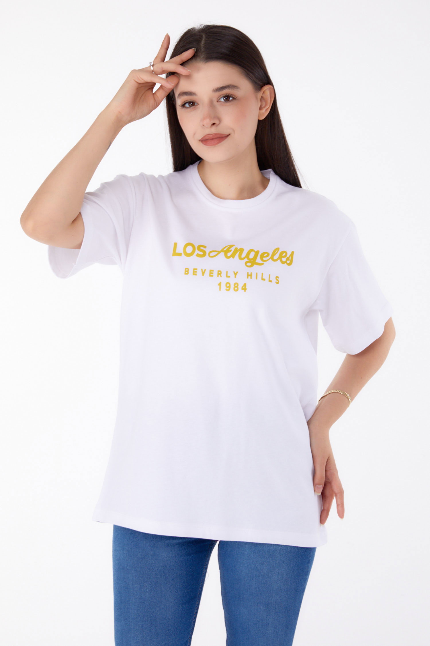 Düz Bisiklet Yaka Kadın Beyaz Baskılı T-shirt - 25701 - 1
