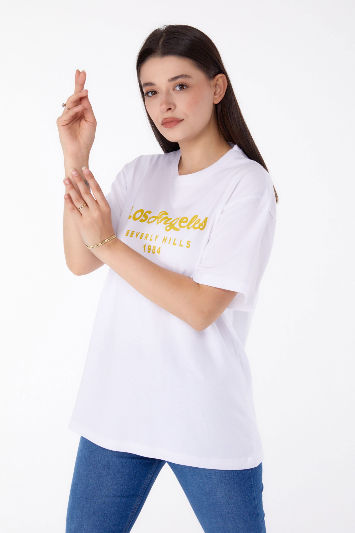 Düz Bisiklet Yaka Kadın Beyaz Baskılı T-shirt - 25701 - 2