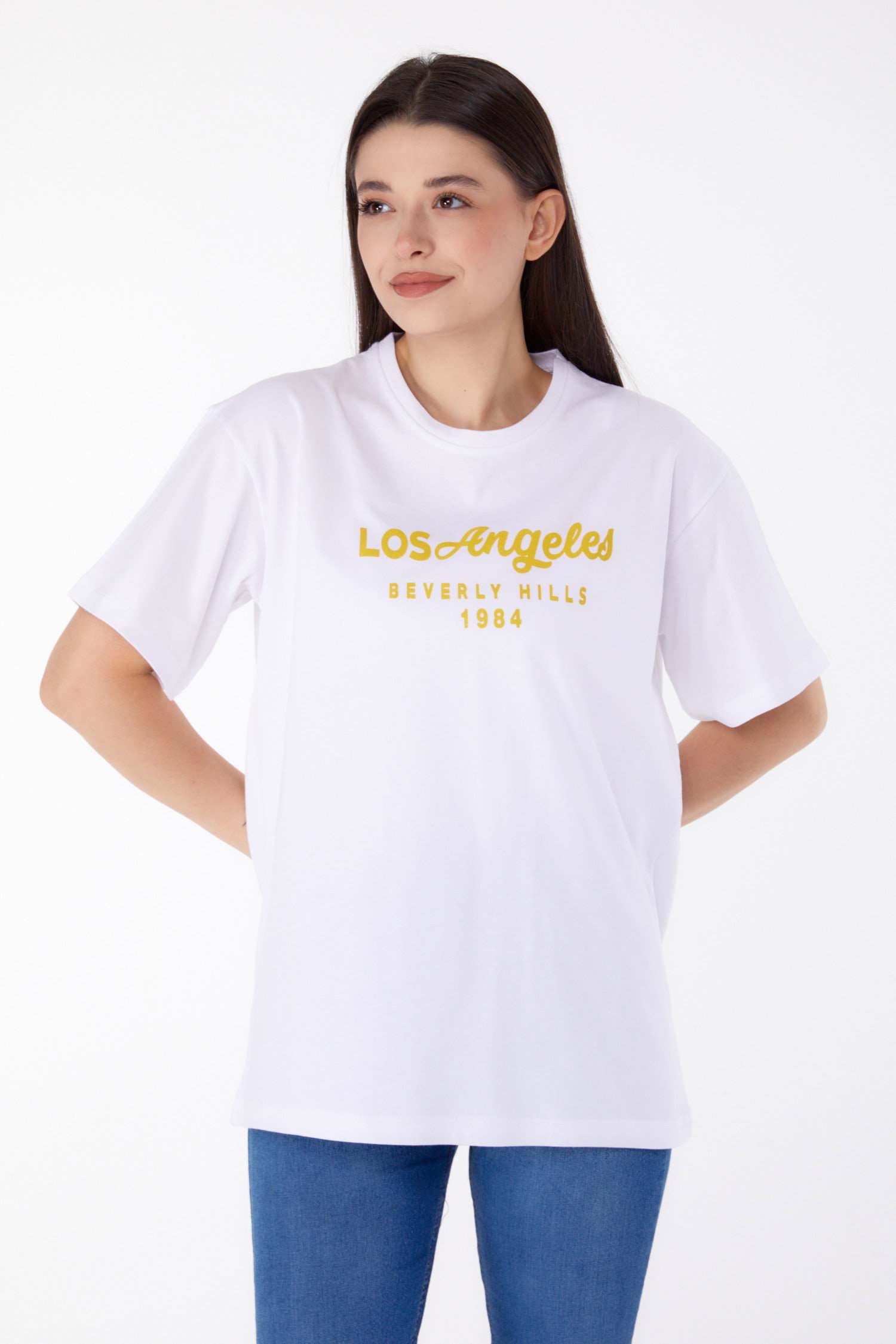 Düz Bisiklet Yaka Kadın Beyaz Baskılı T-shirt - 25701 - 3