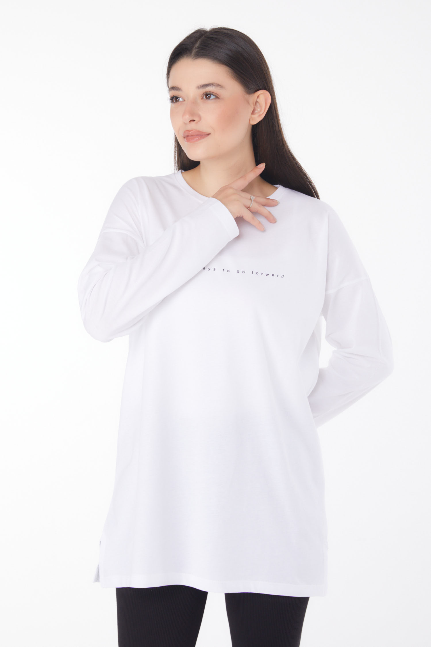 Düz Bisiklet Yaka Kadın Beyaz Baskılı Tunik - 25699 - 1