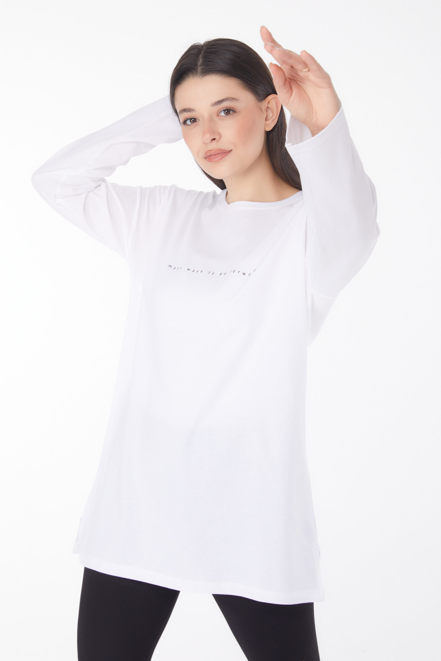 Düz Bisiklet Yaka Kadın Beyaz Baskılı Tunik - 25699 - 3