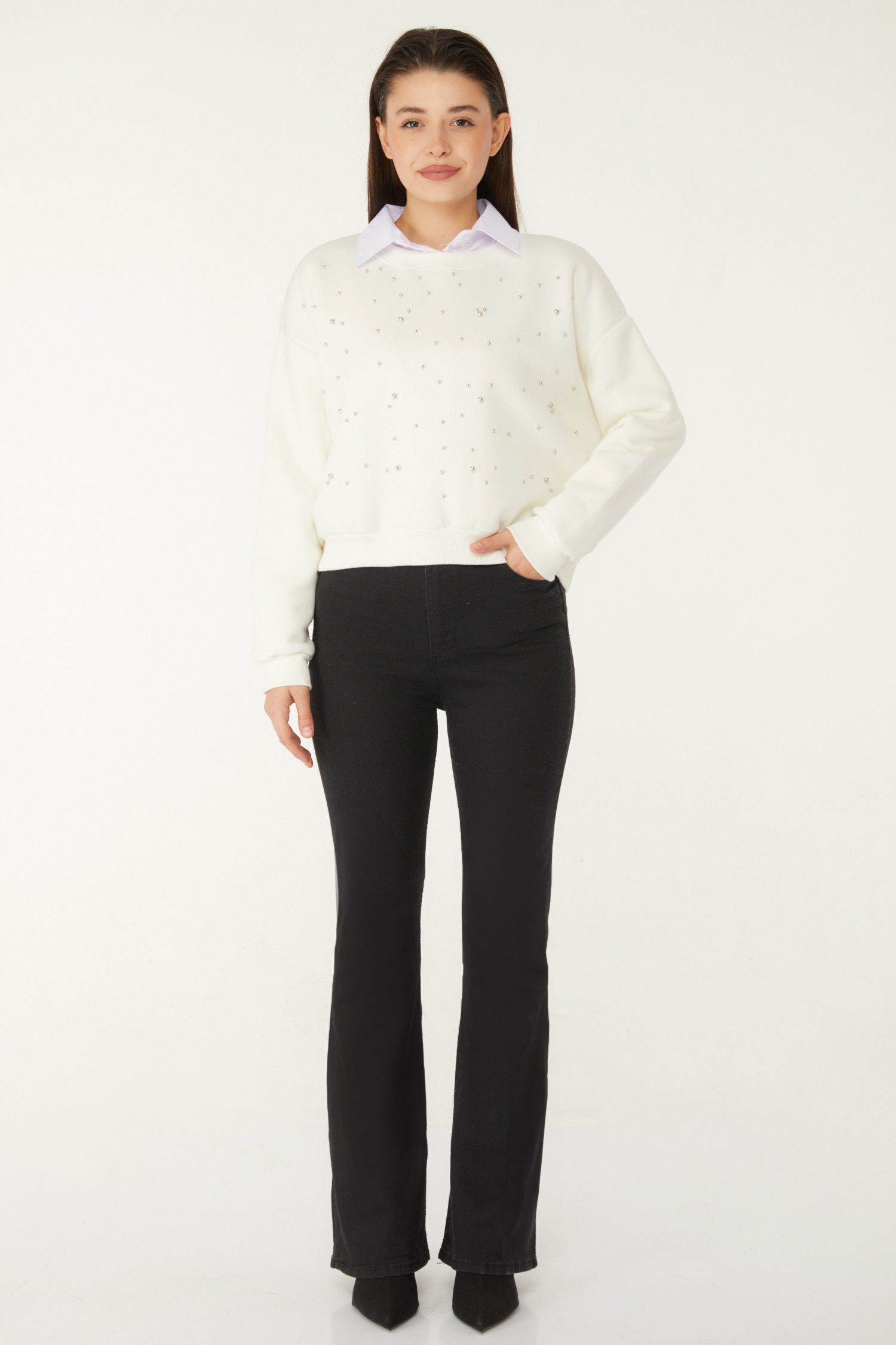 Boncuklu Sweatshirt Beyaz - 26541 - 1