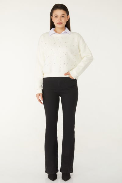 Boncuklu Sweatshirt Beyaz - 26541 