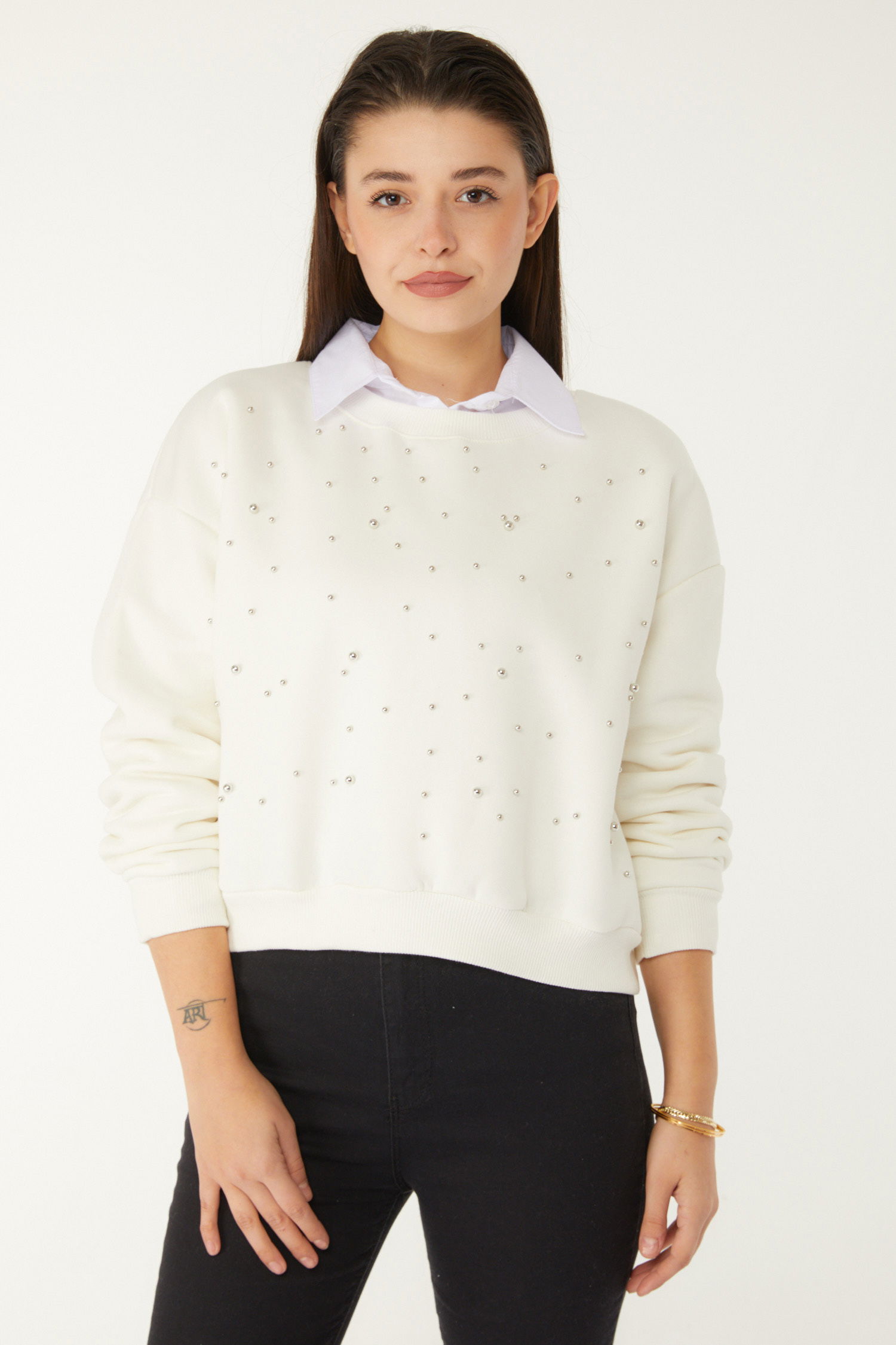 Boncuklu Sweatshirt Beyaz - 26541 - 2