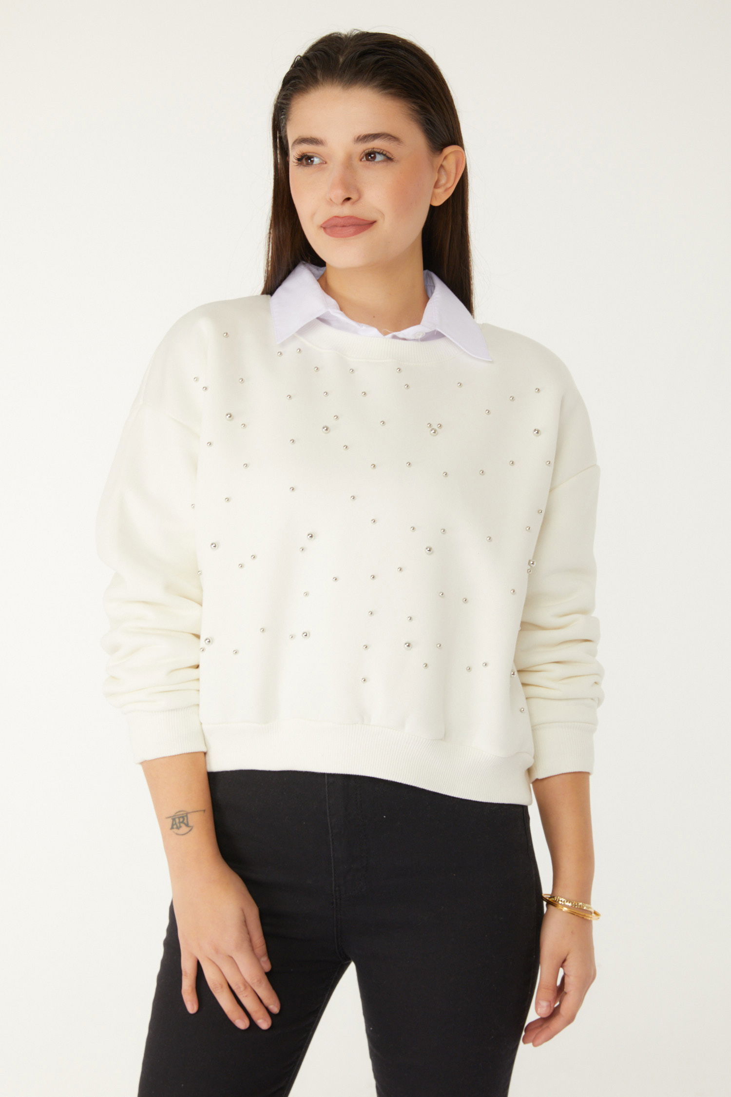 Boncuklu Sweatshirt Beyaz - 26541 - 3